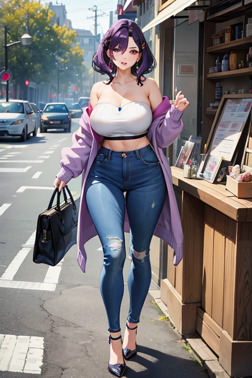 voluptuous mature woman, sidebangs hairstyle with earring , crop top strapless, kind expression, purple eyes, mole under the lip, makeup, high waist jeans, street, full body, cardigan, purse