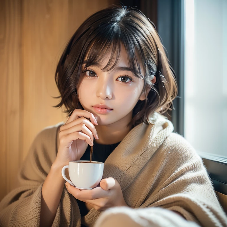 (8K, 生a picture, Photorealistic:1.25) ,( lipgloss, Eyelashes, grossus, Glossy skin, Best Quality, 超A high resolution, depth of fields, chromatic abberation, Caustics, Broad lighting, Natural Shading,Cute woman wrapped in a fluffy blanket、(( student))、japanes、sitting on、1 girl in、Japanese narrow studio apartment、Hold a ceramic coffee cup with both hands、viewer looking down、a picture、35mmfilmg、Sleepy face、short-hair、waved hair、disheveled hair、Fix、no-makeup、Plump lips、detailed finger
