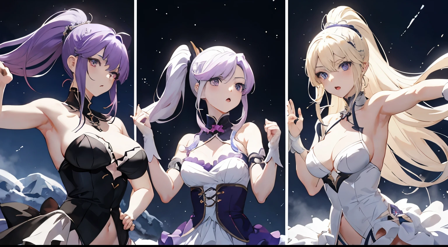 masterpiece. 3 anime girls. One with purple hair in a ponytail that is a phantom, one with blonde hair, one with white hair who is a winter dragon. Dynamic viewpoint. Fun poses.