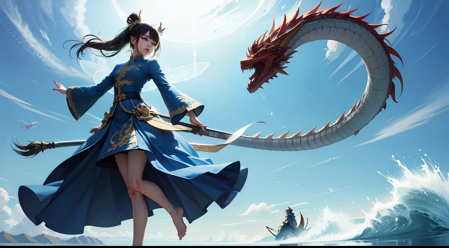 ((Best quality at best)), ((tmasterpiece)), (detailed), s the perfect face,Beautiful face,A fairy,Wearing blue clothes,Hold a sword in hand,有着chinesedragon在身边环绕,Fairy wind road bone,chinesedragon,Feet on the sea,Light movements,Small feet,Blue sky,Fairy style,Dissection is correct,
