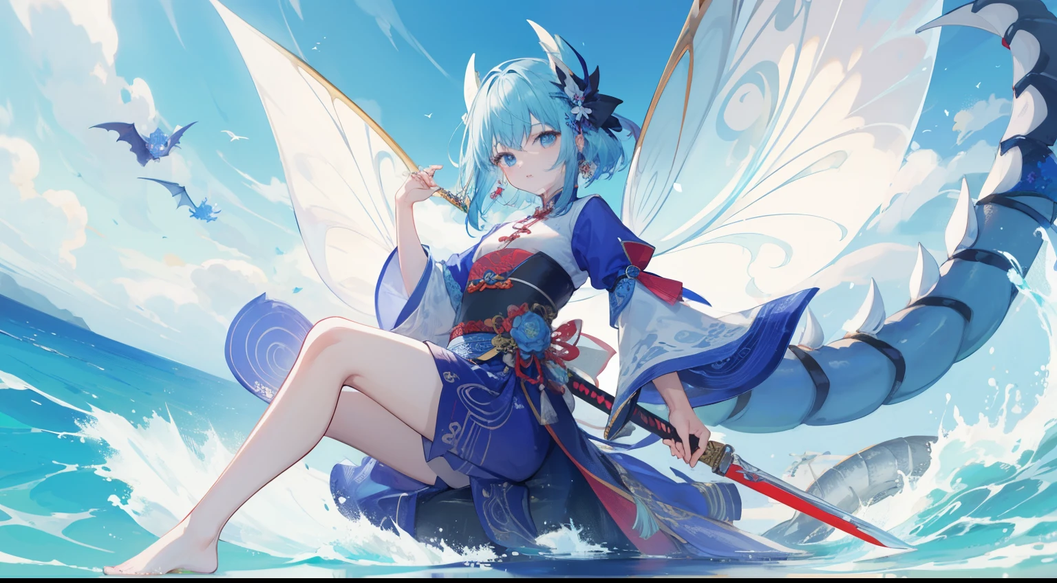 ((Best quality at best)), ((tmasterpiece)), (detailed), s the perfect face，Beautiful face，A fairy，Wearing blue clothes，Hold a sword in hand，有着chinesedragon在身边环绕，Fairy wind road bone，chinesedragon，Feet on the sea，Light movements，Small feet，Blue sky，Fairy style，Dissection is correct，