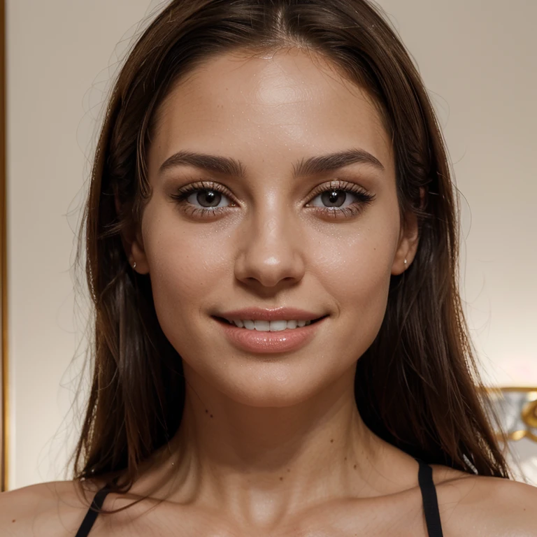 Create a stunning photo of a gorgeous European female, 30 years old, thin face, thin nose, thick lips, beautiful smile, white teeth, fit gym body, perfect curves, masterpiece, Hollywood beauty, brown hair, brown eyes, seductive eyes, high cheekbones, defined jawline, highest quality, resolution, sharpness