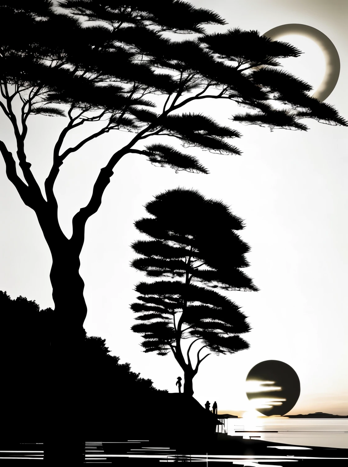 a black and white silhouette of a tree and the sun, detailed silhouette, sunset illustration, stylized silhouette, looks like a tree silhouette, sun set, evening sunset, black silhouette, silhouette over sunset, sun setting, sunset view, the sunset, sun down, sun sunset, at sunset, the tree is on top of a calm sea, setting sun, silhouette