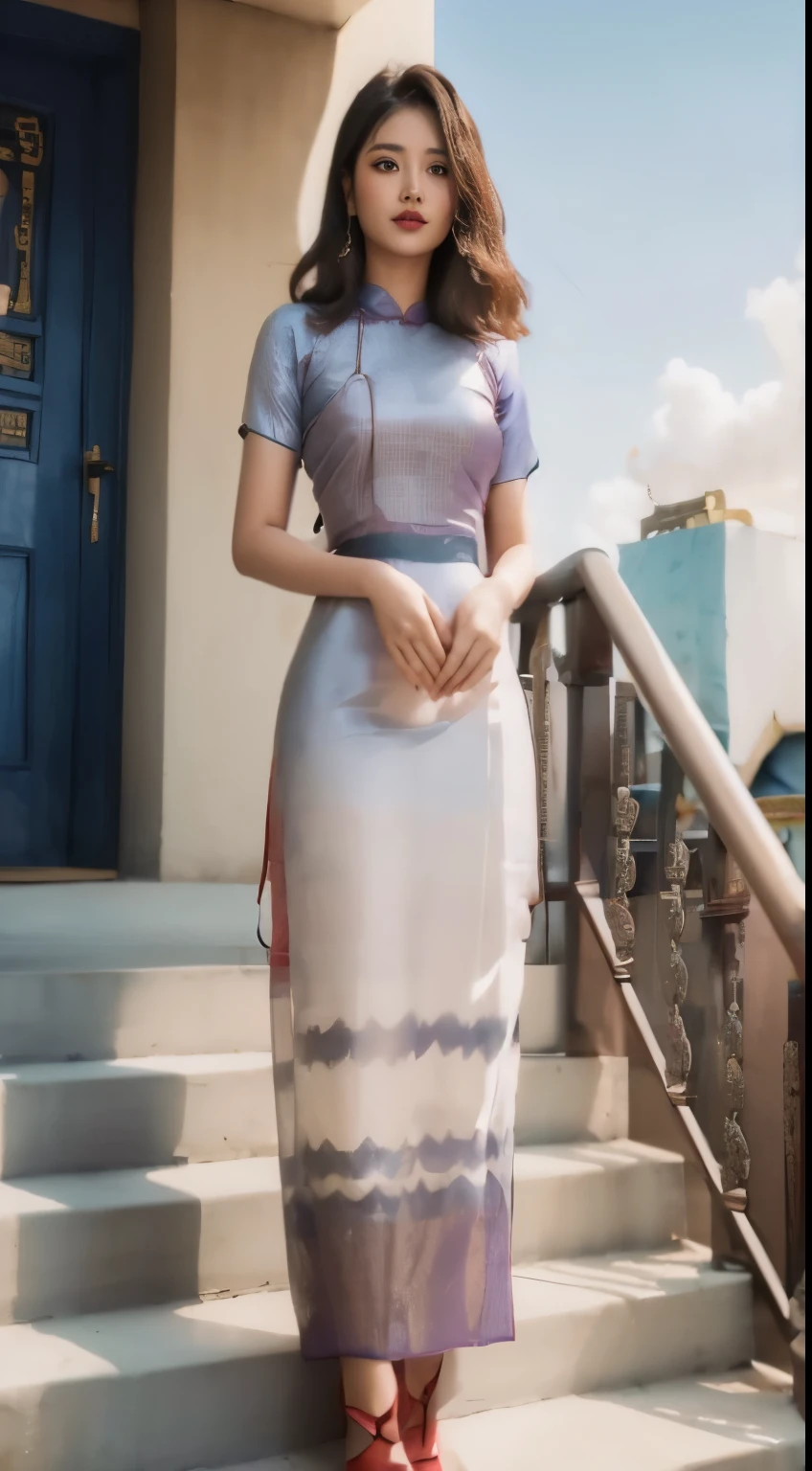 Girl with ((Burmese Red longyi dress:1.5))