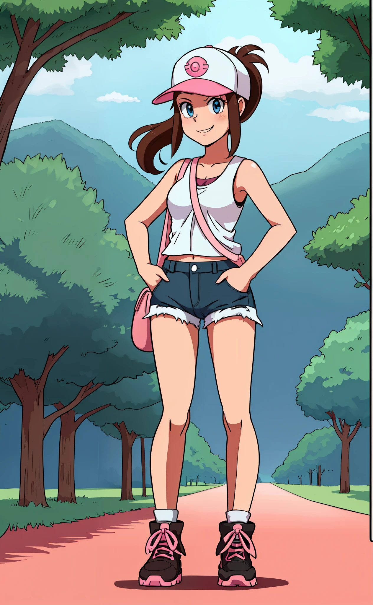 [Hilda], [Pokemon], ((masterpiece)), ((HD)), ((high res)), ((solo portrait)), ((front view)), ((full body)), ((detailed shading)), ((intricate details)), ((anime girl)), ((cinematic)), {attractive; (brown hair), (long ponytail), (cute blue eyes), (smug grin)}, {(white tank top), (navel), (short jean shorts), (exposed pockets), (black boots with pink laces), (white baseball cap with pink brim), (pink satchel)}, {(standing), (looking ahead), (looking away from viewer)}, [background; plains, sunny, trees, sunset]