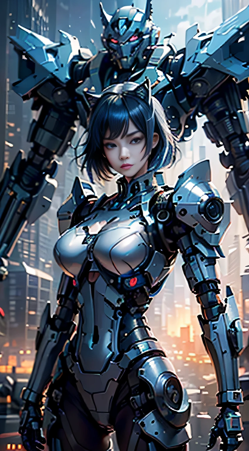 ((masterpiece)), ((best quality)), highly detailed, ultra-realistic, 8k, Realistic photos, 1 Mech girl, blue hair, blue cat ears, beautiful face, detailed eyes, Sharp eyes, Realistic eyes, standing in front of the audience solo person, blue crNanosuit, (Neon light), (Edge lights), (((The girl's facial features are clear, Close-up Shot Shot))), (Machine-made joints:1.5), Mechanical limb,huge tit, wirestreet fighting,(Fighting posture), (Serious expression), (tactical gear:1.2), High contrast, extreme hight detail, highest details, (during night:0.7), (surroundings), (glowing neon lights:1.0), (smoke effect:0.6)