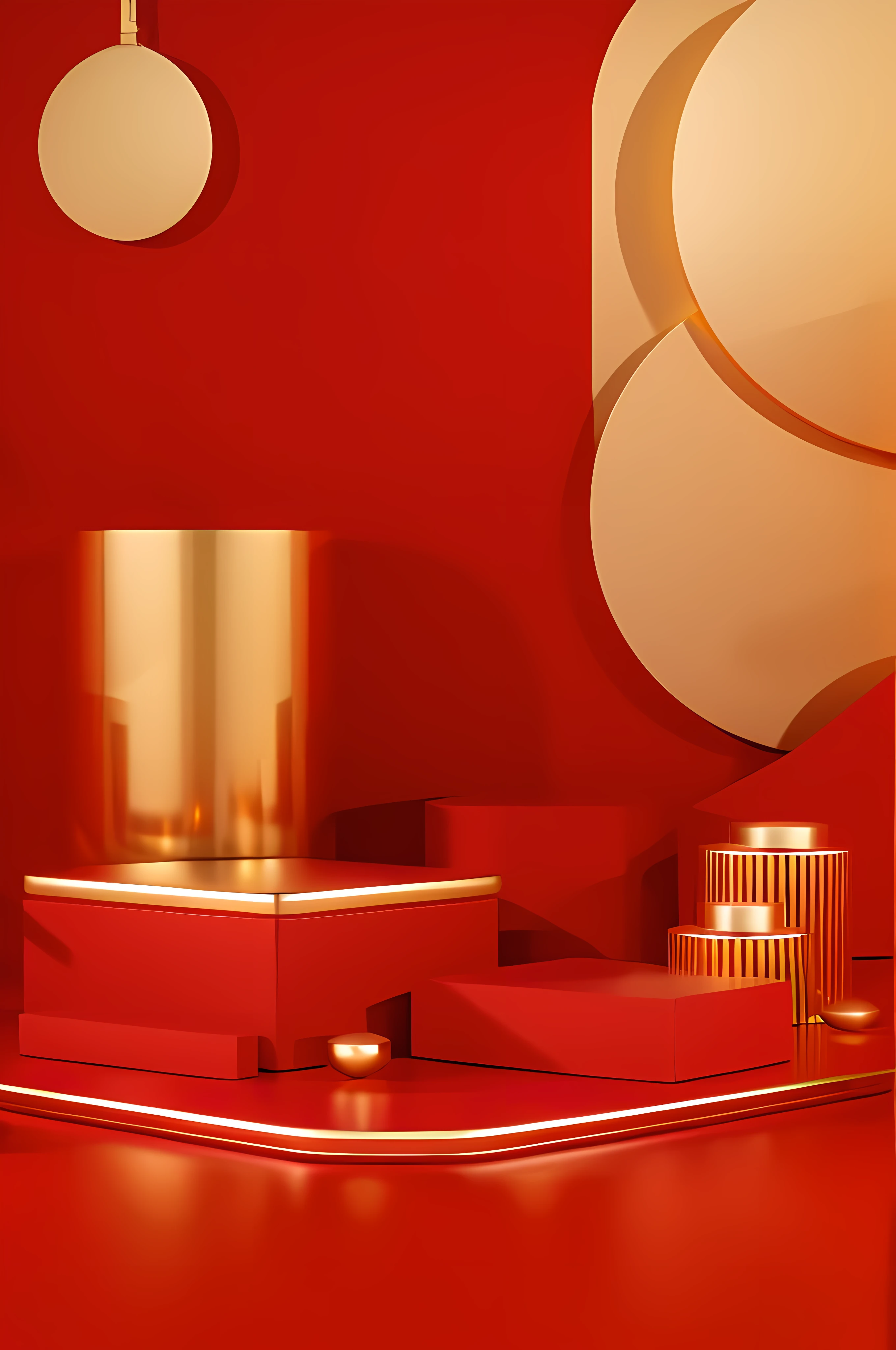 c4d渲染，minimal style，clean backdrop, Red and gold, Chinese New Year, 8K, on a red background, 8K, red theme, 3 Rendering，box