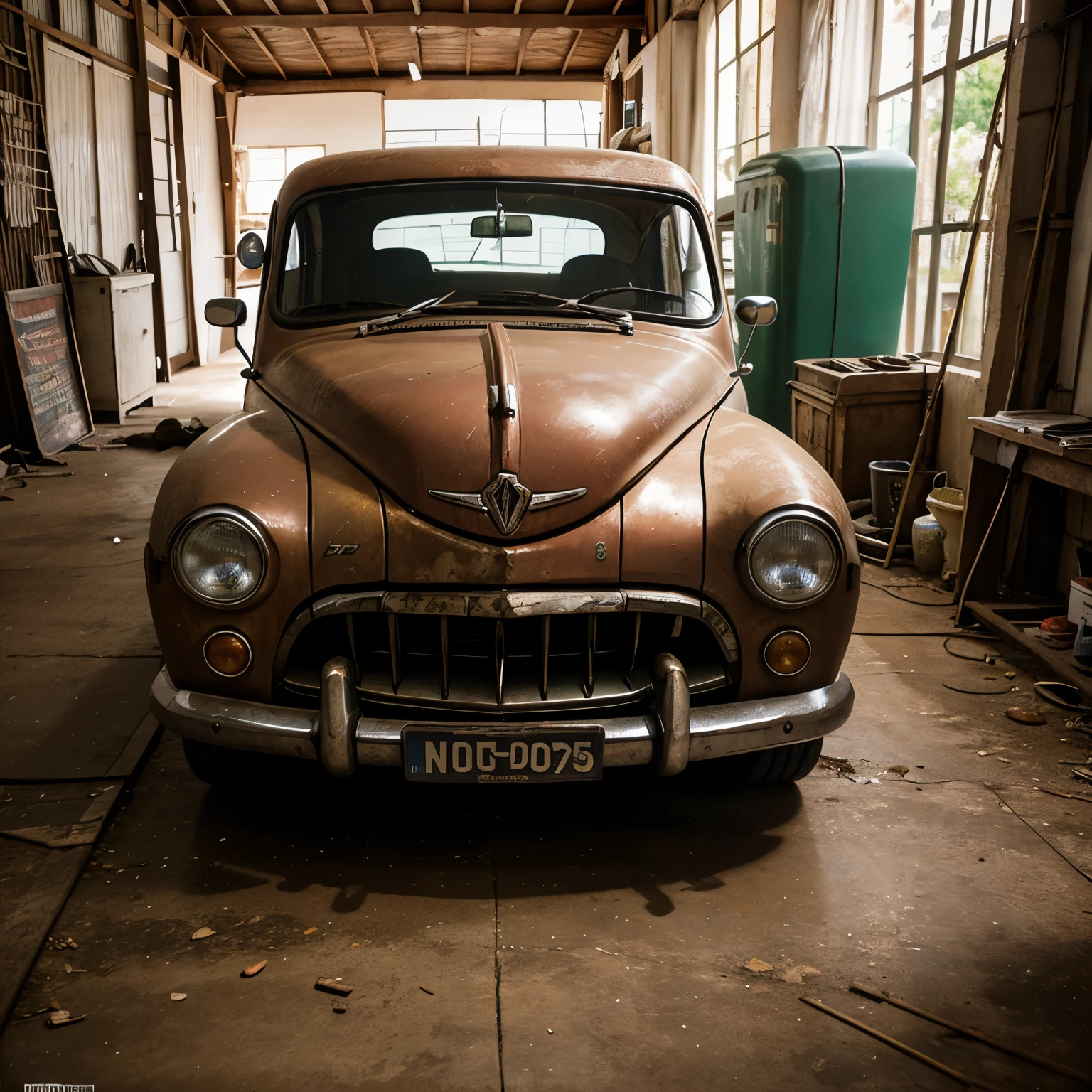 Realistic photo. Old car, brand Proton Iswara, inside old garage, at malay village.
