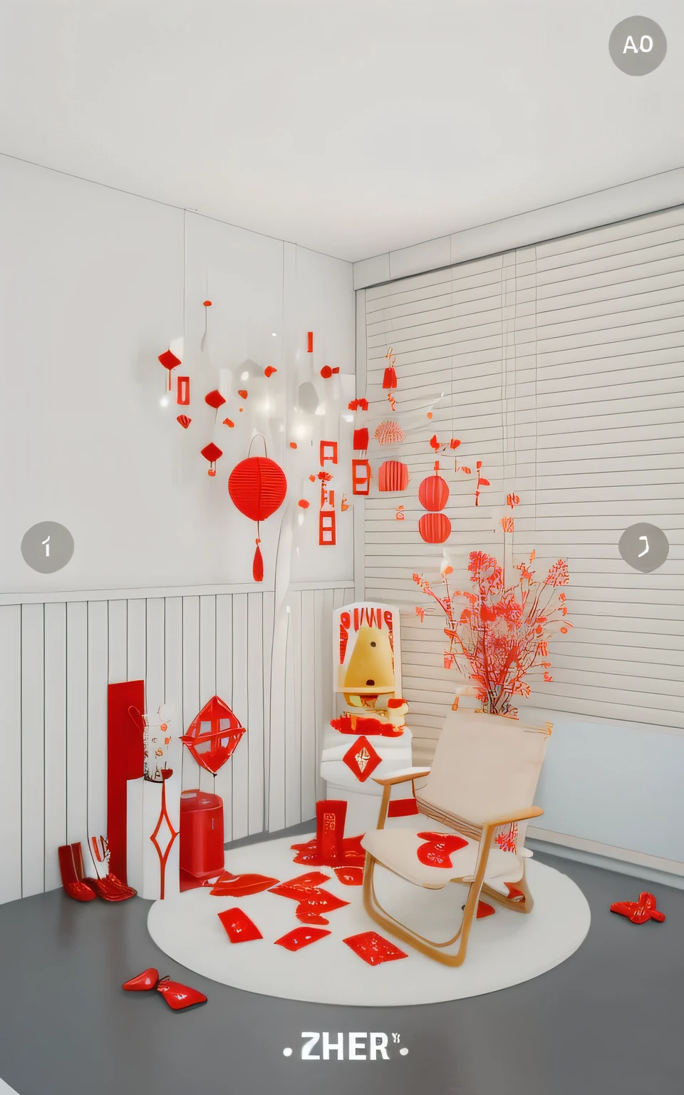 There are decorations on the floor of the room, red and white color theme, Decoration around the room, red theme, chineseidol,  Interior decoration, red theme, Lots of decor and furniture