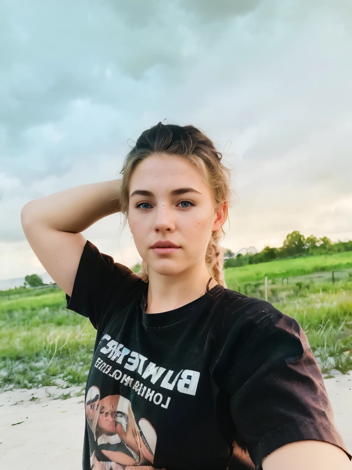 ultmcntry, highest quality, award-winning, professional erotic photo of (sexy pale woman rancher with beautiful blonde hair), ((pretty face)), seductive look, (wearing cowgirl outfit, daisy dukes), athletic body, large breasts, big ass, [thighs], candid, (breast worship:0.7), (detailed skin), [beauty marks], hyperrealistic photography, outdoors, standing in front of old western tavern, (storm clouds in the sky above), stormy weather, natural lighting, (crepuscular rays:0.6), photographed on a Nikon D6 , 50mm prime lens, F/2.6, (highly detailed), with Kodak Gold 200 film , film grain, dynamic angle, full body, cowboy shot