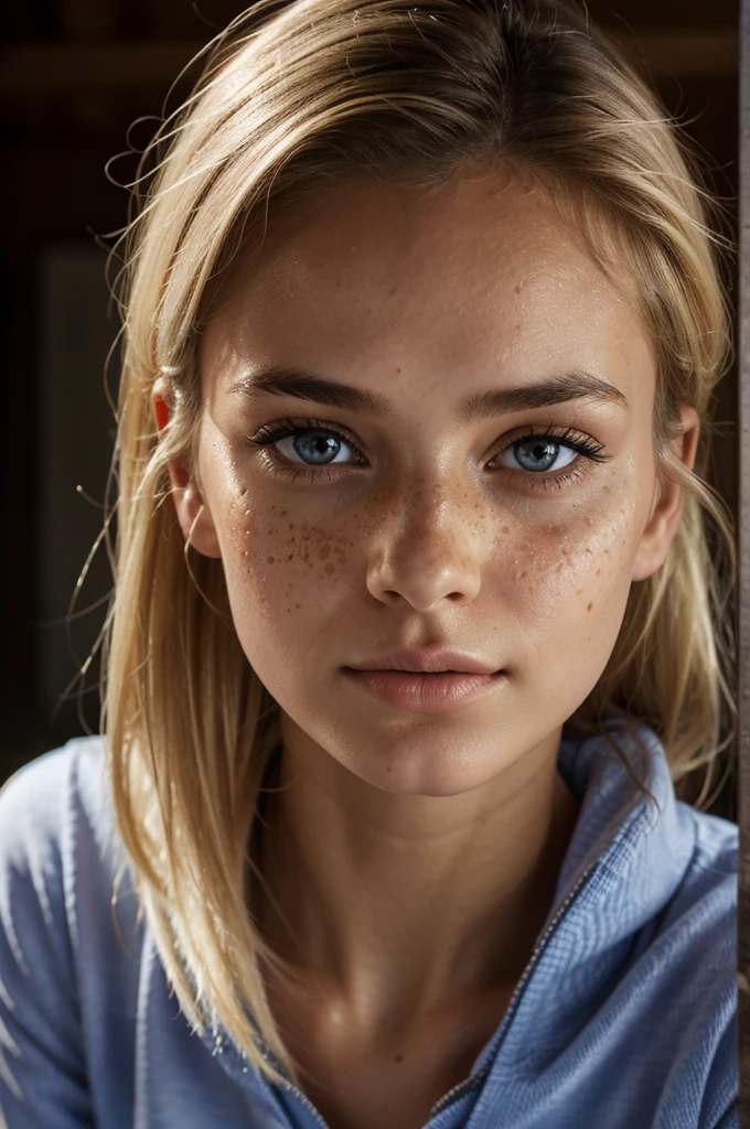 full body shot, 1Girl, 15 years old, nur, Lange Haare, Blick auf den Betrachter, blonde hair, BLONDE, Blonde girl, runner body, small breasts, blaue Augen, Schmuck, Halskette, schulterfrei, pullover, lips, realistisch, Nase, Flirten mit der Kamera, close up shot, realism, detailed eyes, skin imperfection, small forhead, fine small freckles, natural, without reflection and shadow on the face, without glare, ultra high face texture, colours, realism, 8K, natural, big lips, full lips, hyper detailed photo, photorealistic, PHOTO, RAW, modeling, girl model, epic advertisment, cinematic shot, cinematic, pretty face, hot, sexy, NO WRINKLES,