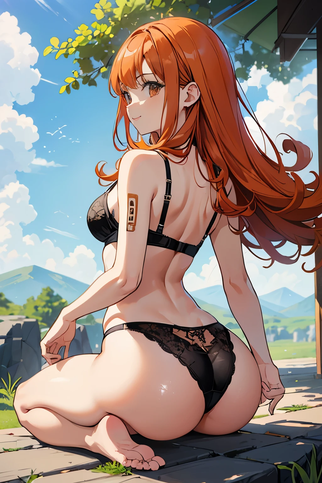 1girl in、hight resolution、​masterpiece、((Alena \(DQ4\)、plein air、small ass、backs、from the rear、all-fours))、Orange hair、A slender、well-muscled、Short stature、a smile、(((Bra with detailed decoration、Sexual black panties with detailed decoration)))、doggy style、Focus on the buttocks、kowtow、Put both hands on the ground、head down