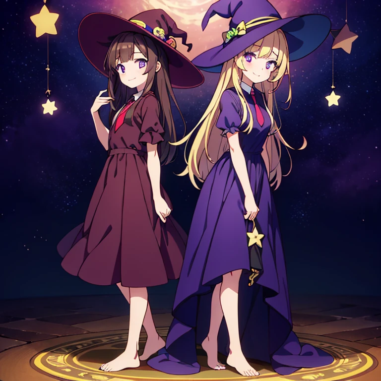 two anime witch girls with long hair and dresses standing in front of a star, multiple girls, 2girls, hat, mob cap, album cover, blonde hair, necktie, dress, purple eyes, skirt, shirt, brown hair, smile, purple dress, brown eyes, looking at viewer, short sleeves, barefoot