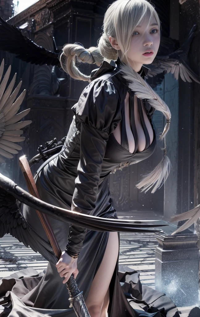 girl with sword and wings in a dark room, 2 b, 2b, advanced digital ”, detailed woman, high detailed official artwork, highly detailed exquisite fanart, zerochan art, style ivan talavera and artgerm, epic artwork, 2. 5 d cgi fantasy artwork, artbook artwork