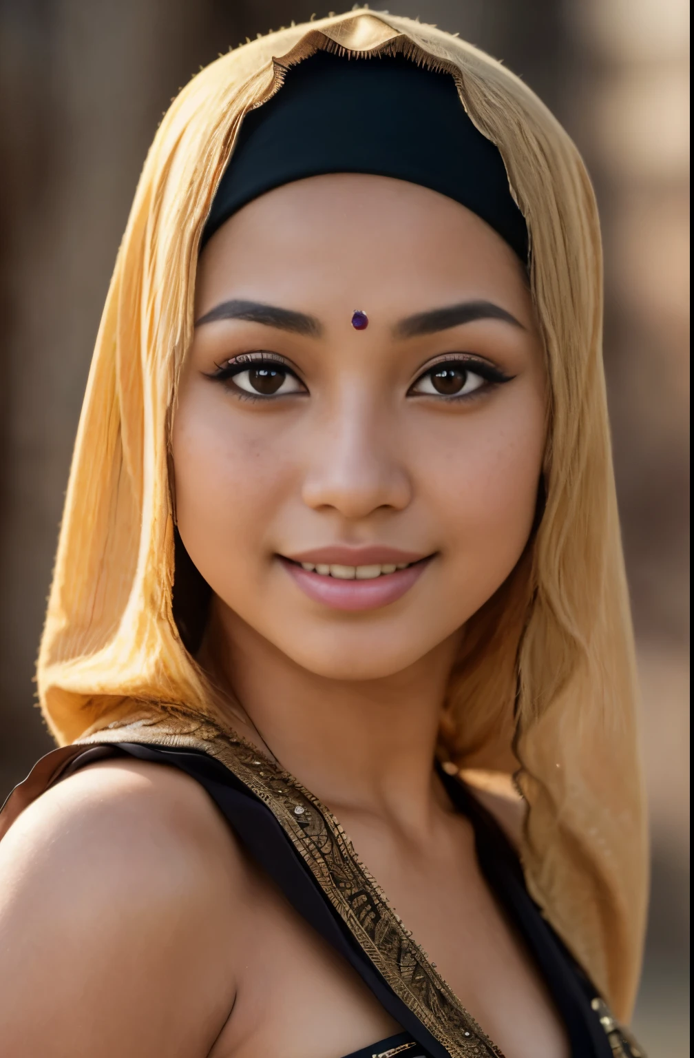 bellydancer, cleavage, beautiful javanese girl with hijab and few soft freckles, mole below eyes, detail skin texture, smile, , dramatic light , Rembrandt lighting scheme, (hyperrealism:1.2), (8K UHD:1.2), (photorealistic:1.2), shot with Canon EOS 5D Mark IV, detailed face, detailed skin texture, 35mm, over-the-shoulder shot,cool-toned color grading, Deep Focus cinematography effect, Natural Lighting, high quality, ultra detail, 8k resolution,