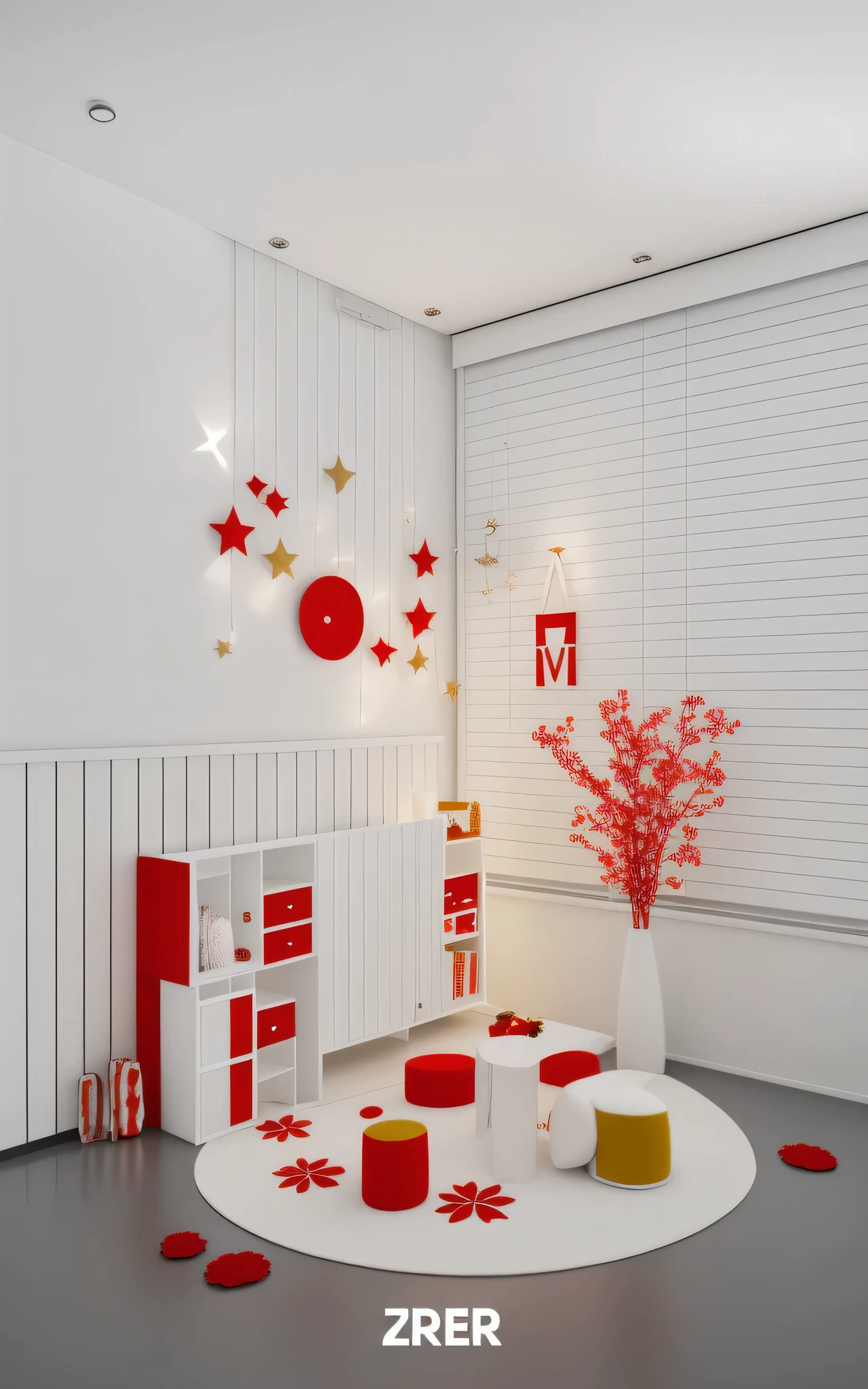 There are decorations on the floor of the room, red and white color theme, Decoration around the room, red theme, ,  Interior decoration, red theme, Lots of decor and furniture