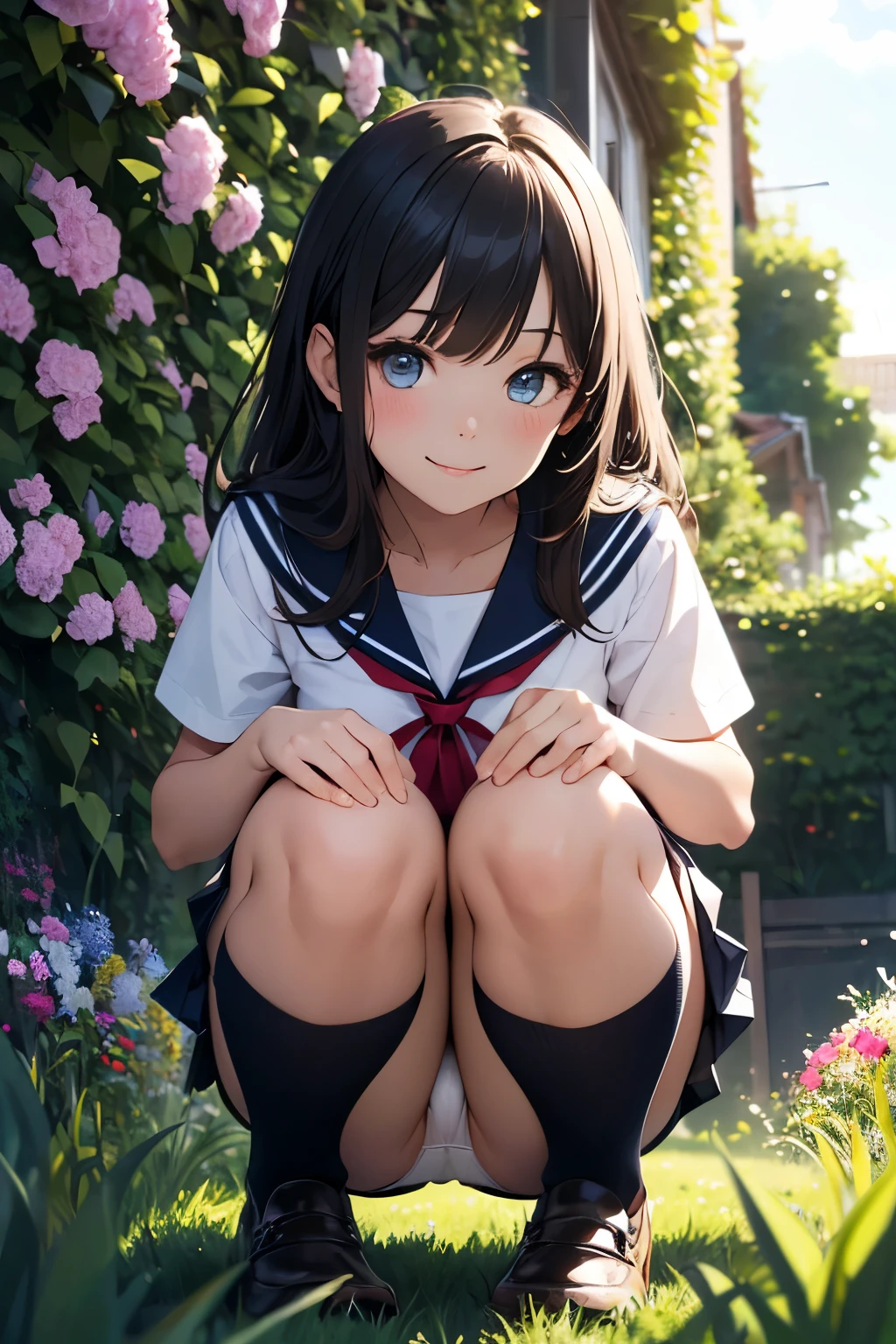 very cute and beautiful girl,(highly detailed beautiful face and eyes:1.2),
smile,black hair,sailor school uniform,(navy blue pleated mini skirt),
(from below),squatting,white panties,
flower garden,grassland,shrubbery,
(best quality,masterpiece:1.2),intricate details,highres,extremely detailed,cinematic lighting,solo,