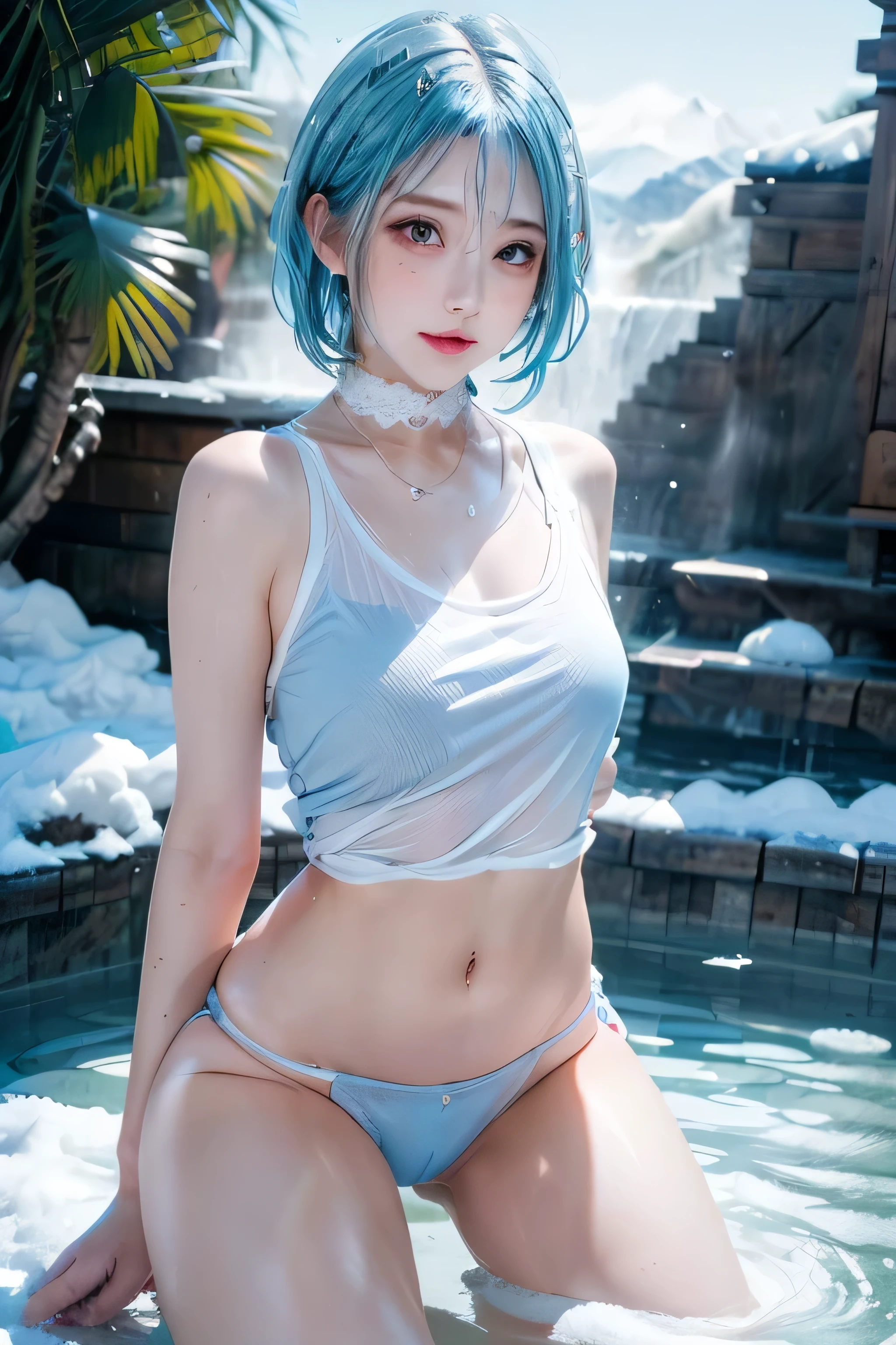 hightquality,8K picture quality,hight resolution,(masutepiece:1.3),23-year-old woman, (White T-shirt,T back,a choker),(Shorthair:1.2,Wet light blue hair:1.3),(Bold pose with legs spread,dynamicposes:1.4),(Soak in a warm hot spring，steamsと静けさに囲まれて，feels good,Enjoy the healing hot springs),(full of sweat:1.3),outdoor bath,steam,steams,Background with(1 Snow scene, sunrises:1.3),(wet underwear stuck to my skin,nipples visible through clothes,My butt is visible through my clothes.),small tits,A slender, abdominals:1.2,(Young skinny gravure idol, sophisticated gravure idol),(detailed flawless face),normal hands,Normal finger,Normal legs