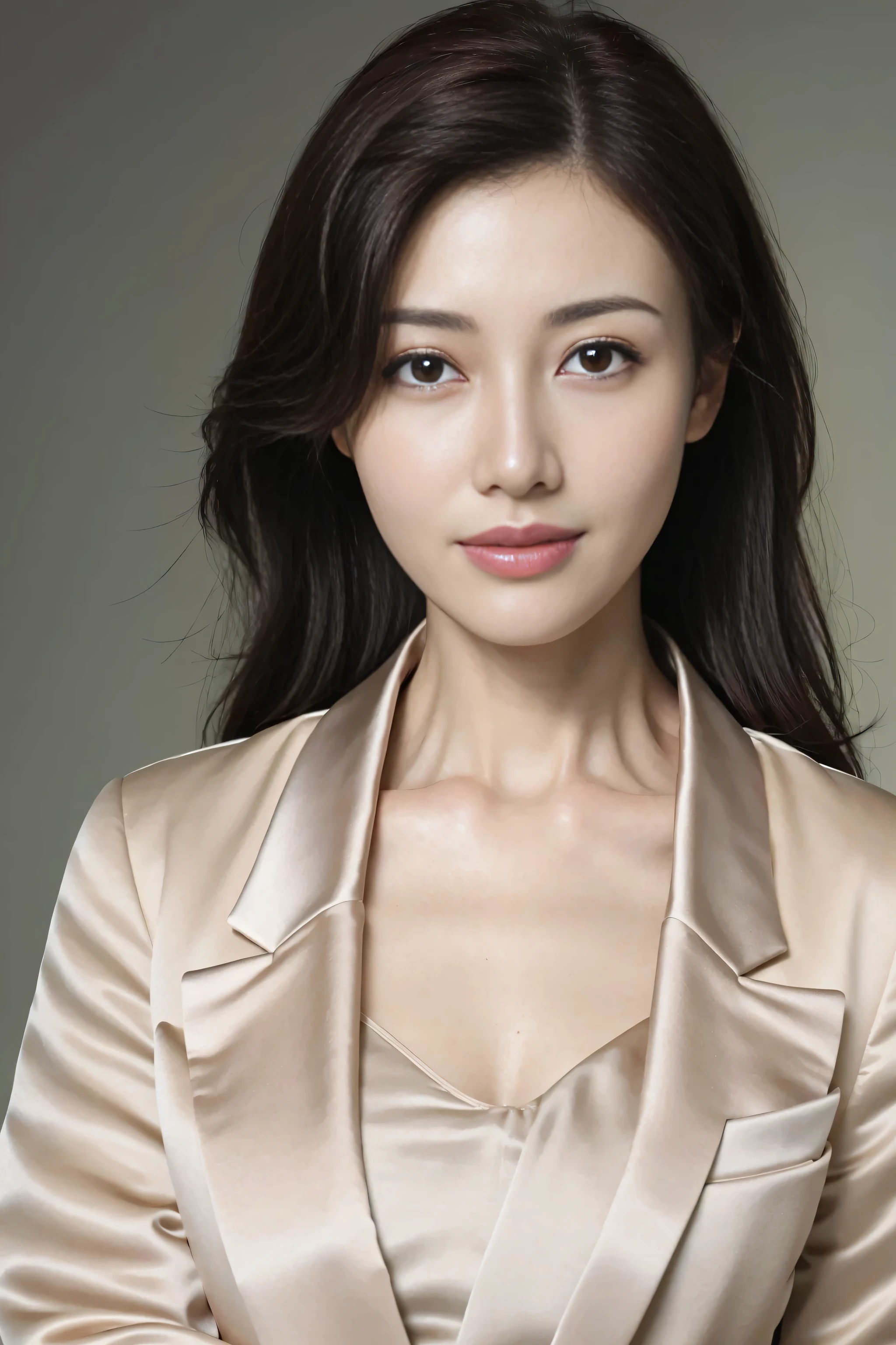 Best quality, realistically, ultra - detailed, detailed, A high resolution, 8k wallpaper, 1 Beautiful woman,, light brown messy hair, dressed in a suit, lock focus, Perfect dynamic composition, beautidful eyes, Delicate hair, 细致realistically的皮肤纹理, Smiling, closeup portrait, Model body type