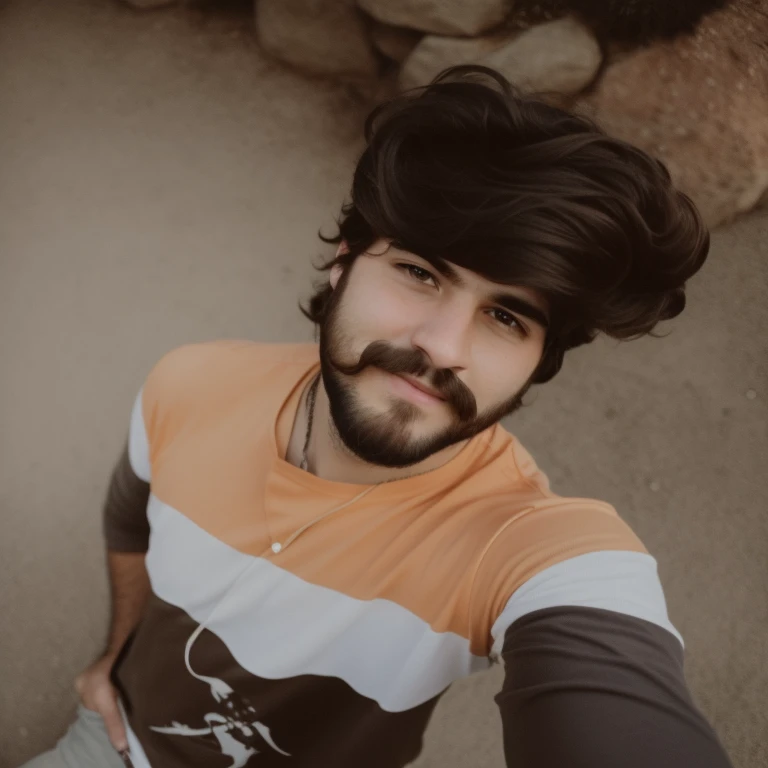 there is a man with a beard and a mustache taking a selfie, with accurate face, without beard, very very low quality picture, good looking face, without helmet, around 1 9 years old, selfie photo, without mustache, with lovely look, 8k selfie photograph, with kind face, without beard and mustache, front profile!!!!, with long hair, face picture