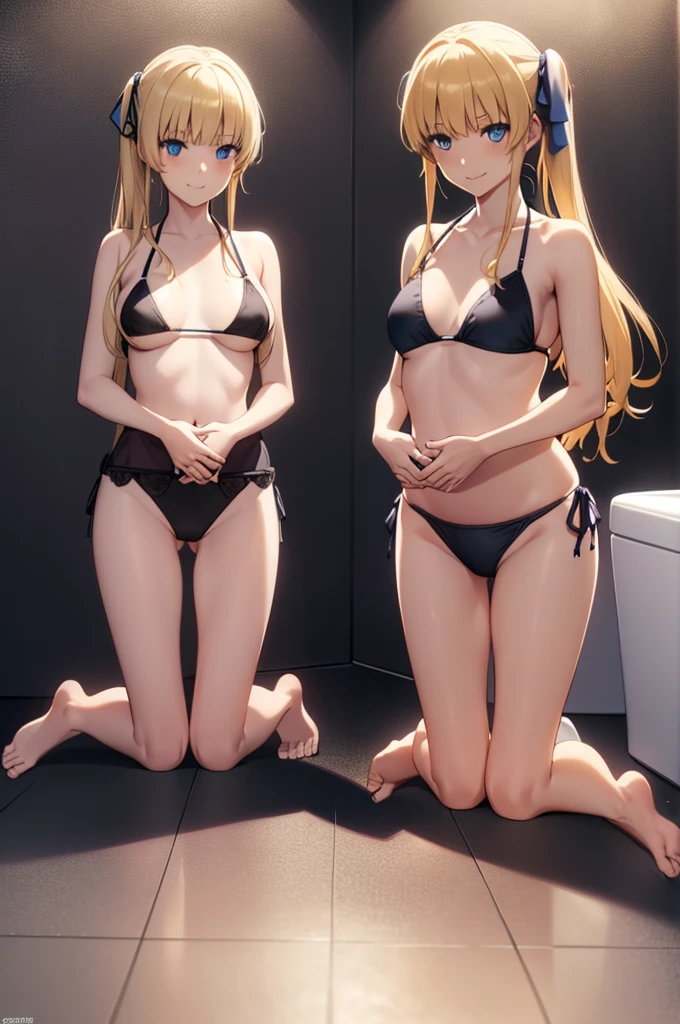 eririspencer, eriri sawamura spencer, blonde hair, blue eyes, blunt bangs, hair ribbon, hime cut, long hair, twintails, full body, full pose, ((medium BREASTS)), ((seductive smile:1.3)), Grimace, ((kneeling:1.4)), ((black bikini:1.4)), ((looking at viever)), ((bathroom background)), BREAK (masterpiece:1.2), best quality, high resolution, unity 8k wallpaper, (illustration:0.8), (beautiful detailed eyes:1.6), extremely detailed face, perfect lighting, extremely detailed CG, (perfect hands, perfect anatomy), ((mary janes:1.4)), ((undress:1.4)),