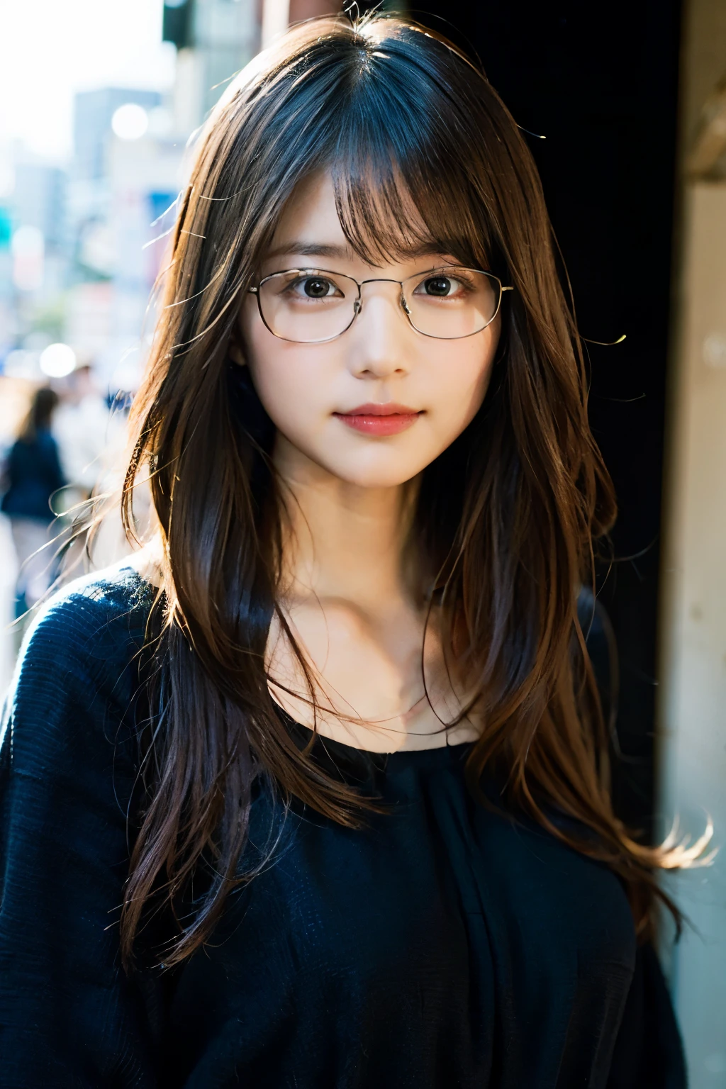 (8K、Raw photography、top-quality、masterpiece:1.2)、(realisitic、Photorealsitic:1.37)、ultra-detailliert、超A high resolution、女の子1人、see the beholder、beautifull detailed face、A smile、Constriction、(Slim waist) :1.3)、((Rayon blouse))、Beautiful detailed skin、Skin Texture、Floating hair、((The long-haired))、Professional Lighting、In front of the station at noon、((Black square glasses ))、Whole human body、Brown hair