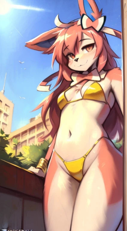 uploaded on e621, (((by Zackary911, by Kenket, by Kilinah, by Zackary911))), solo women (((sylveon))), Wear (((Golden bikini with golden wristbands and jewelry))), (detailed sylveon), (Detailed Lighting),(detailed fur), (Detailed chest), (Detailed skin), BREAK, ((Hotel suite with plants on a sunny day Standing in the outdoor swimming pool)), (Cinematic lighting), ((Detailed background)), ((depth of fields)), (half body shadow), ((Looking at Viewer)), (low-angle view), ((three quarter view)), [Backlighting], [Detailed ambient light], [gray natural lighting], [ambient light on the belly], [realistic proportional content, , NSFW], [Sharp Focus], (questionable content), (Shaded), (hi res), ((masutepiece)), Long hair