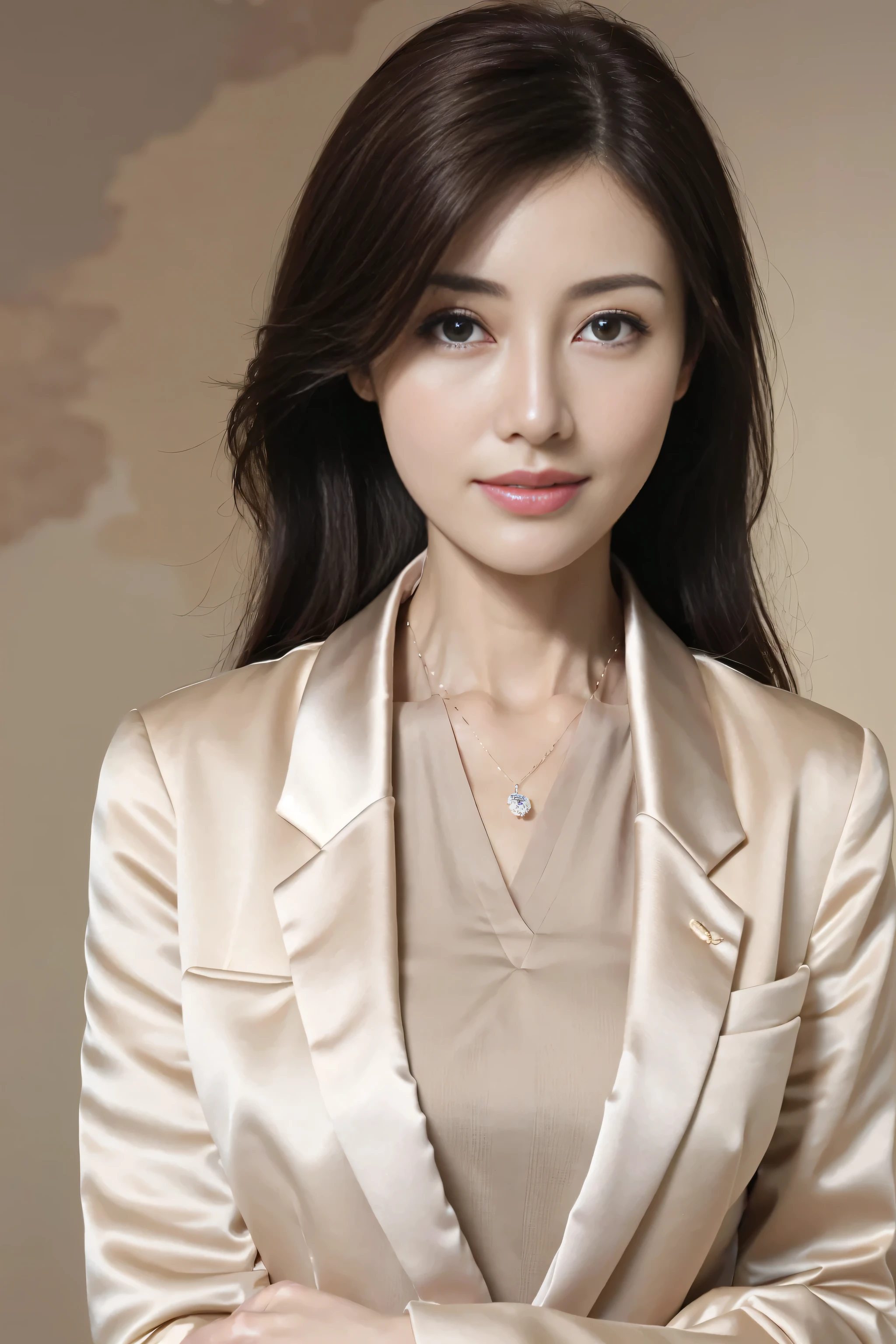 Best quality, realistically, ultra - detailed, detailed, A high resolution, 8k wallpaper, 1 Beautiful woman,, light brown messy hair, dressed in a suit, lock focus, Perfect dynamic composition, beautidful eyes, Delicate hair, 细致realistically的皮肤纹理, Smiling, closeup portrait, Model body type