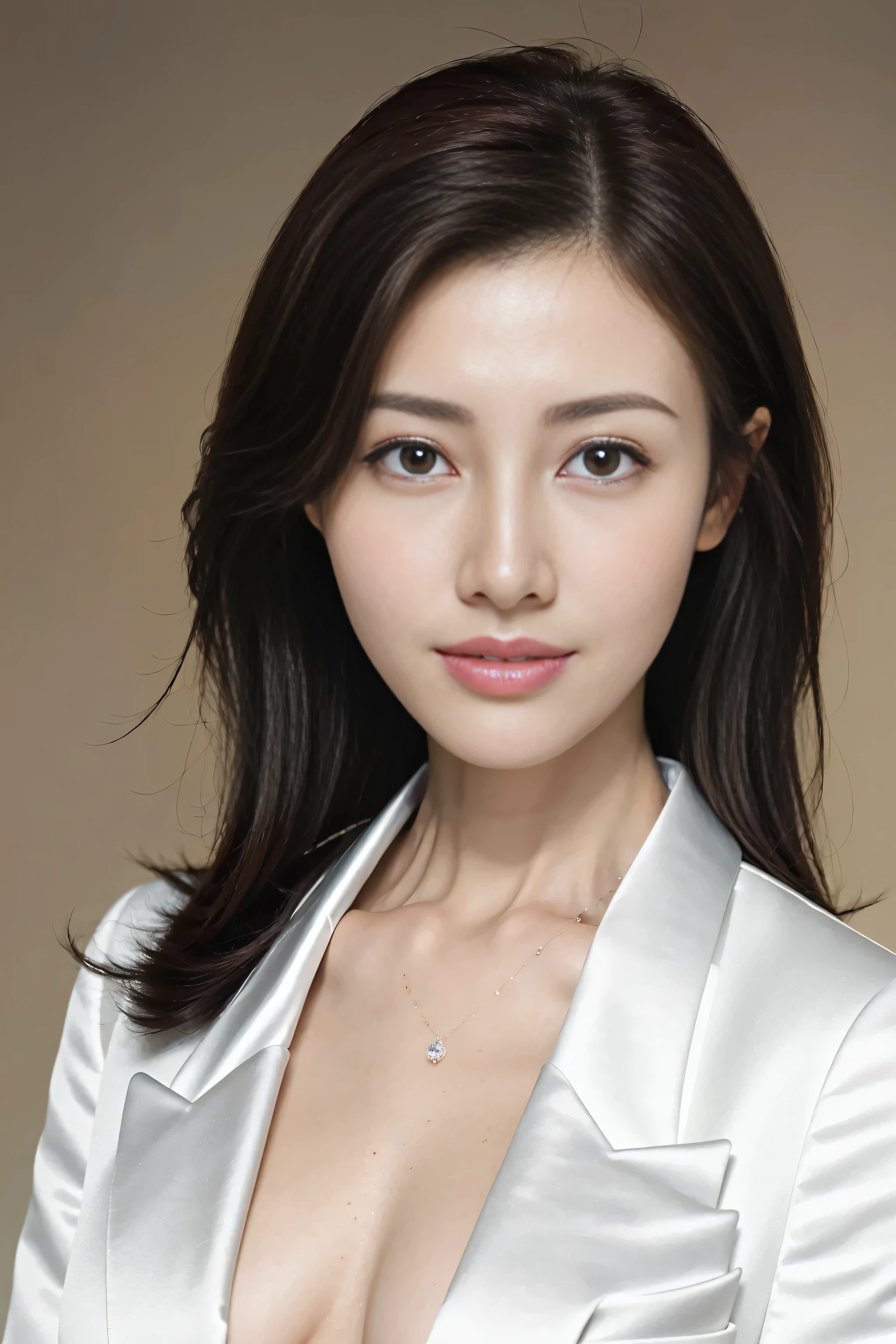 Best quality, realistically, ultra - detailed, detailed, A high resolution, 8k wallpaper, 1 Beautiful woman,, light brown messy hair, dressed in a suit, lock focus, Perfect dynamic composition, beautidful eyes, Delicate hair, 细致realistically的皮肤纹理, Smiling, closeup portrait, Model body type