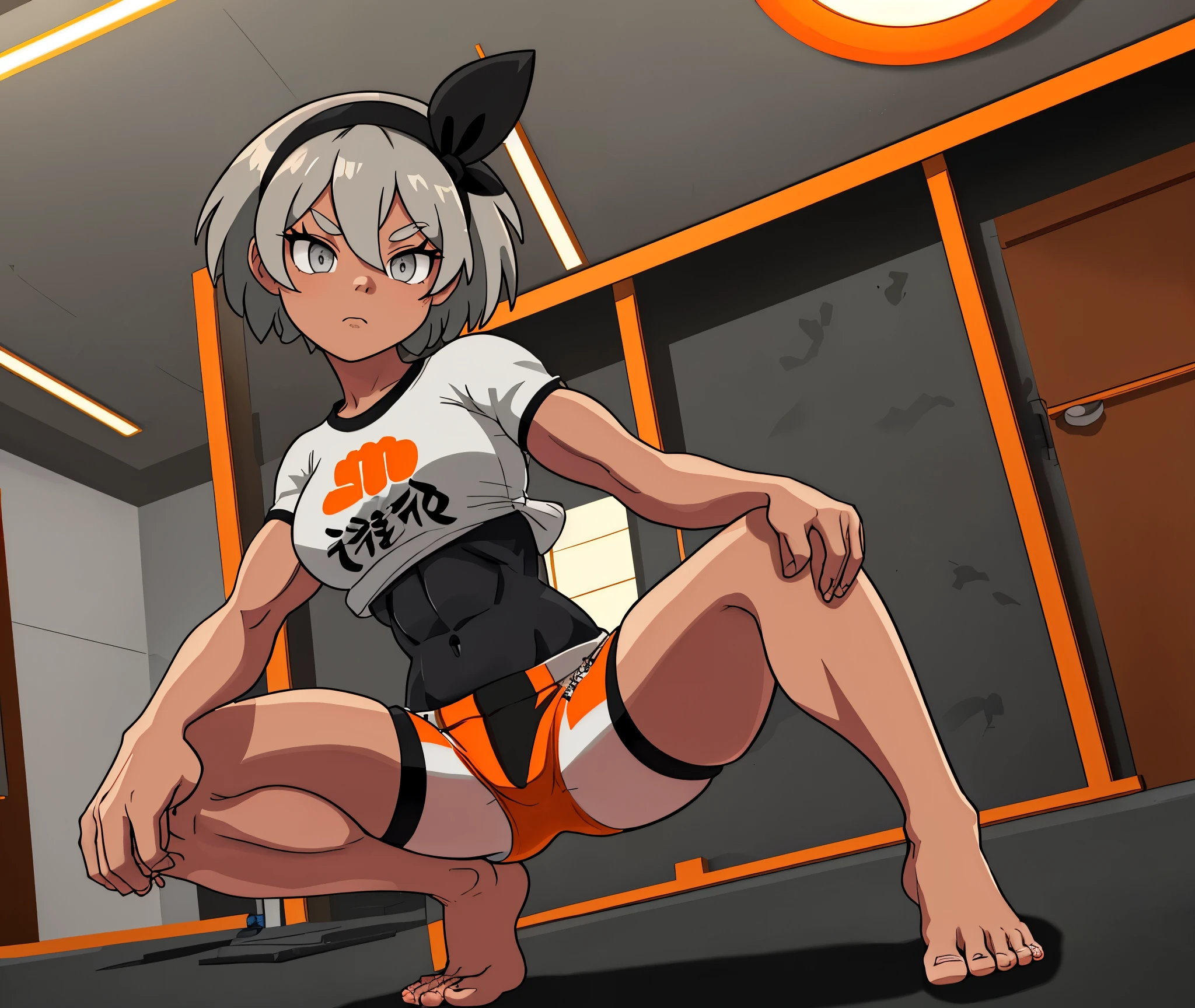 [bea], [pokemon], [uploaded to e621.net; (napalm_express)], ((masterpiece)), ((HD)), ((high res)), ((solo portrait)), ((full body)), ((front view)), ((feet visible)), ((detailed shading)), ((beautiful render art)), ((intricate details)), {anime girl; (dark-toned skin), (cute grey eyes), (short eyelashes), short white hair, (curvy hips), (defined muscles), (beautiful muscular legs), (beautiful feet), (expressionless)}, {(white shirt), (midriff), (bodysuit under clothes), (orange print shorts), (black hairband)}, {(squatting), (scratching head), (looking at viewer)}, [background; (open room), (gym), (ceiling lights), (sun rays), (pink and orange sky)]