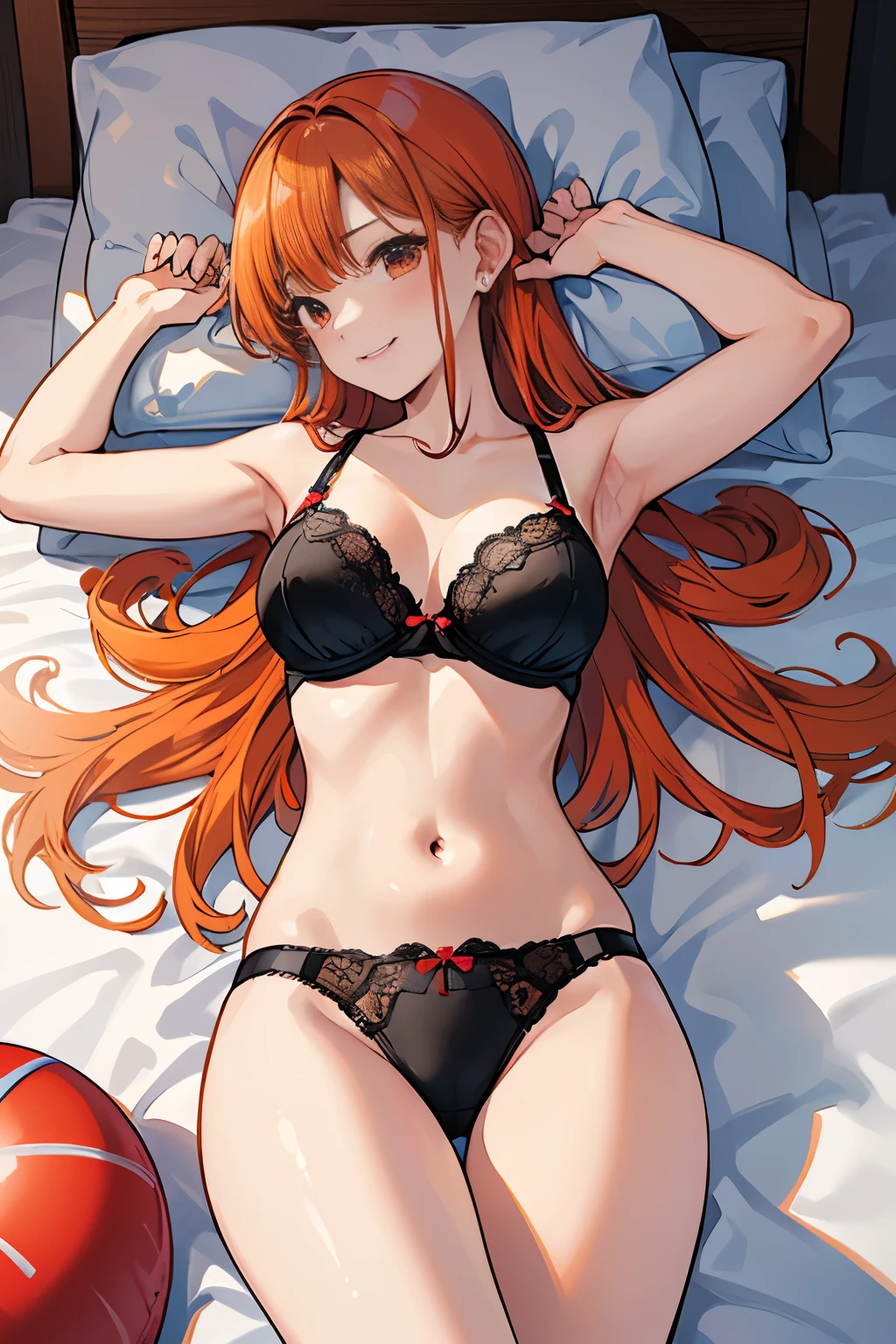 1girl in、hight resolution、​masterpiece、((Alena \(DQ4\)、Lying on your back in bed))、はにかんだa smile、red blush、Ashamed、Orange hair、A slender、well-muscled、Short stature、a smile、(((Bra with detailed decoration、Sexual black panties with detailed decoration))、Put your hands on the bed、Put your head on the bed、Legs are spread