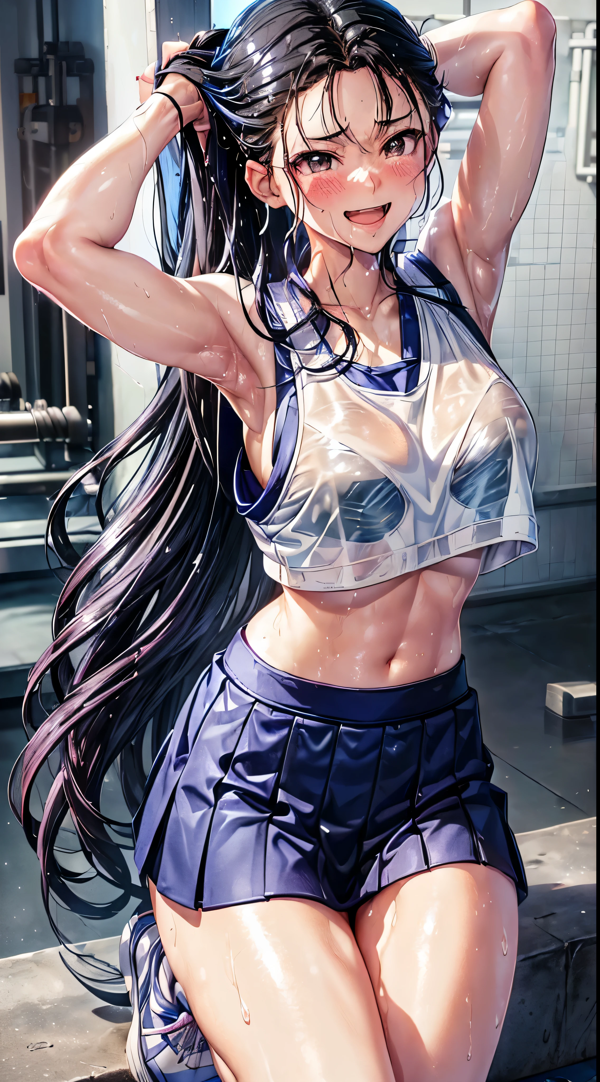 1womanl,Black hair,14years,(((White and blue shiny gym uniform and microskirt)))(())(((Blushing cheeks、Smile with open mouth)),(((Satin Narico))),((( portlate))),Crowds,Shiny white and blue gym uniform and microskirt,(Wet with sweat)(((Sexy Bra)))