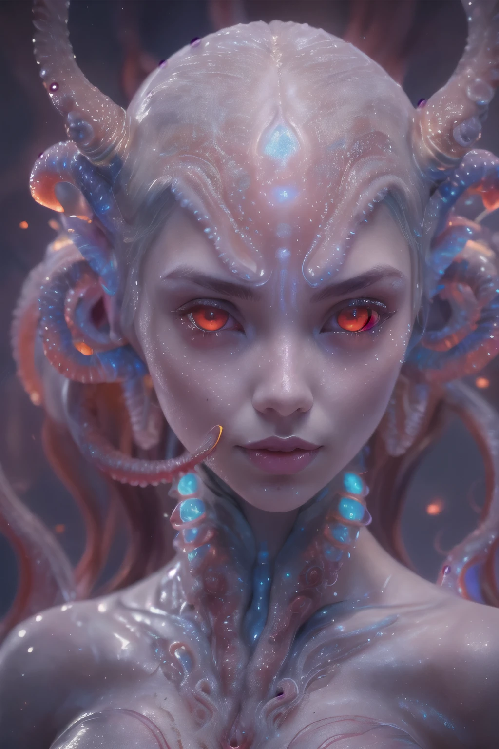 Portrait, (beautiful female alien:1.2), (she has red eyes with no pupils:1.8), (Translucent skin:1.7), (There is a female genital-like organ in the middle of the forehead:1.9), (The most beautiful face in the history of the universe:1.2),an evil gaze that seduces, (large mouth:1.1), (sharp teeth like a vampire:1.2), Full body like, (bio luminescent:1.5), (Smile wickedly:1.3), (sexypose:1.5), alien, No humans, cells are fused, (Lots of translucent tentacles:1.3) extraterrestrial, cell, bio image, Best Quality, 8K,4K_quality, High Definition, Dramatic Lighting, masutepiece:1.5,cinematic quality, detail up, (Intricate details:1.2), High resolution, High Definition, drawing faithfully, (Thick eyebrows:1.2), Beautiful eyes with fine symmetry,(Highly detailed face and eyes:1.2), Intimate face, (Super detailed skin quality feeling:1.4), Perfect ???????, (Beautiful toned body:1.5), (Moist skin:1.2), No makeup, (dark circles:1.1), long canines, cinematic drawing of characters, ultra high quality model, cinematic quality, detail up, (Intricate details:1.2), High resolution, High Definition, drawing faithfully, Official art, Unity 8K wall , 8K Portrait, Best Quality, Very High resolution, ultra detailed artistic photography, midnight aura, unreal enginee 5, Ultra Sharp Focus, art by alberto seveso, ArtGerm, Roisch, intricate artwork, best quality, masutepiece, ultra High resolution, (photos realistic:1.4), Ultra-realistic realism, dream-like, nautilus, Creation of fantasy, Snail, Dream Snail, biopunk nautilus, Thrilling color schemes, Ultra-realistic realism, seductively smiling, Blue tentacles,