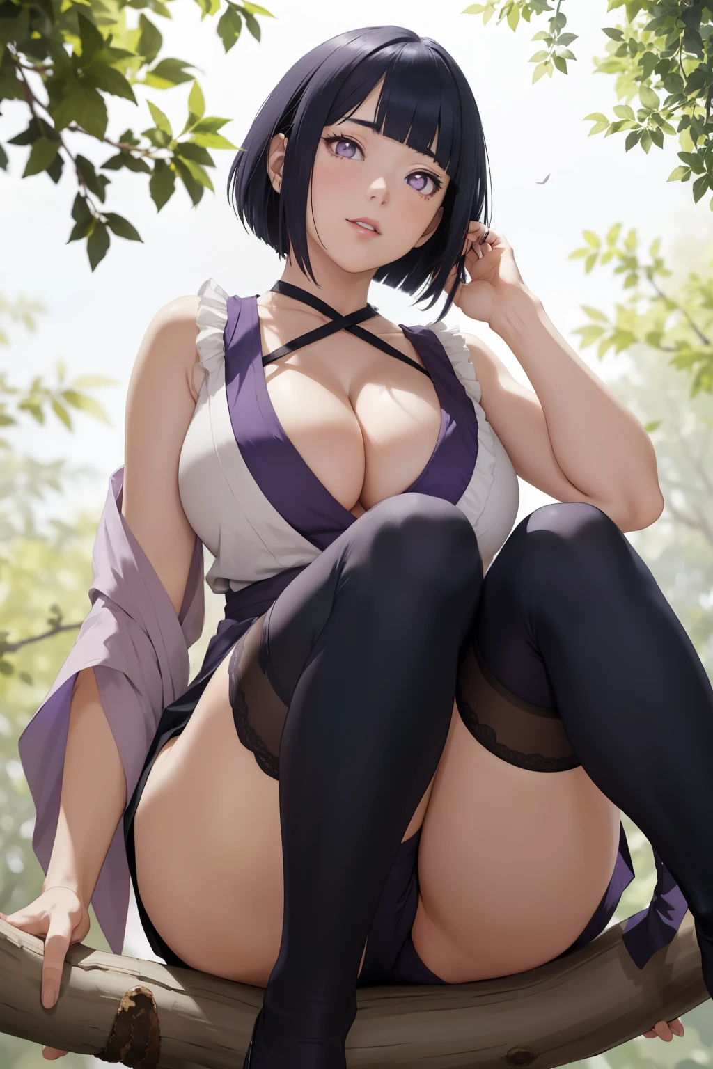 (masterpiece, best quality, cinematic, photorealistic, ultra-detailed), 1girl, (wide shot, full body view, from below:1.5), (Hinata Hyūga of Naruto Shippuden), (has dark blue hair in a hime-cut that reaches her lower back and the framing strands reach shoulder-length), perfect hands, perfect face, (bursting breasts, large cleavage:1.4), (wears a form-fitting light lavender, sleeveless kimono-style blouse with vertical lines, tied with a dark purple obi), (wears short dark navy shorts), (wears a thigh-high stocking with black and open-toed boot), (seductive pose), (Byakugan eyes, pure white pupils, detailed pupils, blushing, slightly parted lips, nude lips), (gradient background), (sitting on a tree branch:1.5)