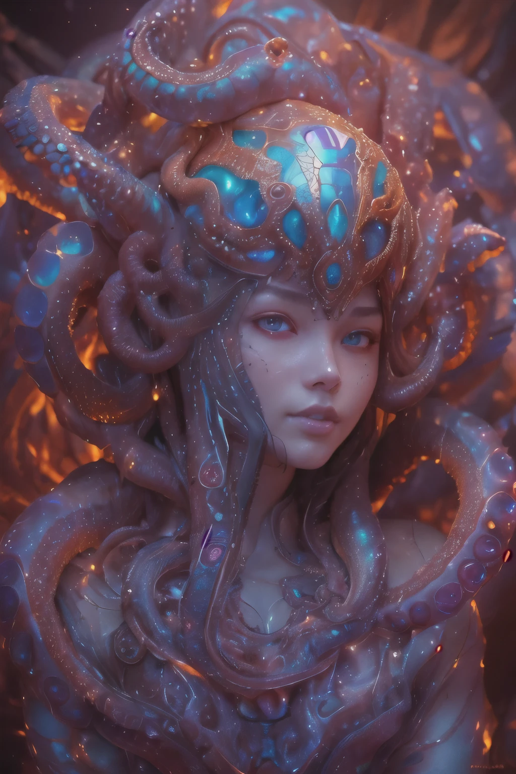 Portrait, (beautiful female alien:1.2), (she has red eyes with no pupils:1.8), (Translucent skin:1.7), (There is a female genital-like organ in the middle of the forehead:1.9), (The most beautiful face in the history of the universe:1.2),an evil gaze that seduces, (large mouth:1.1), (sharp teeth like a vampire:1.2), Full body like, (bio luminescent:1.5), (Smile wickedly:1.3), (sexypose:1.5), alien, No humans, cells are fused, (Lots of translucent tentacles:1.3) extraterrestrial, cell, bio image, Best Quality, 8K,4K_quality, High Definition, Dramatic Lighting, masutepiece:1.5,cinematic quality, detail up, (Intricate details:1.2), High resolution, High Definition, drawing faithfully, (Thick eyebrows:1.2), Beautiful eyes with fine symmetry,(Highly detailed face and eyes:1.2), Intimate face, (Super detailed skin quality feeling:1.4), Perfect Anatomy, (Beautiful toned body:1.5), (Moist skin:1.2), No makeup, (dark circles:1.1), long canines, cinematic drawing of characters, ultra high quality model, cinematic quality, detail up, (Intricate details:1.2), High resolution, High Definition, drawing faithfully, Official art, Unity 8K wall , 8K Portrait, Best Quality, Very High resolution, ultra detailed artistic photography, midnight aura, unreal enginee 5, Ultra Sharp Focus, art by alberto seveso, ArtGerm, Roisch, intricate artwork, best quality, masutepiece, ultra High resolution, (photos realistic:1.4), Ultra-realistic realism, dream-like, nautilus, Creation of fantasy, Snail, Dream Snail, biopunk nautilus, Thrilling color schemes, Ultra-realistic realism, seductively smiling, Blue tentacles,