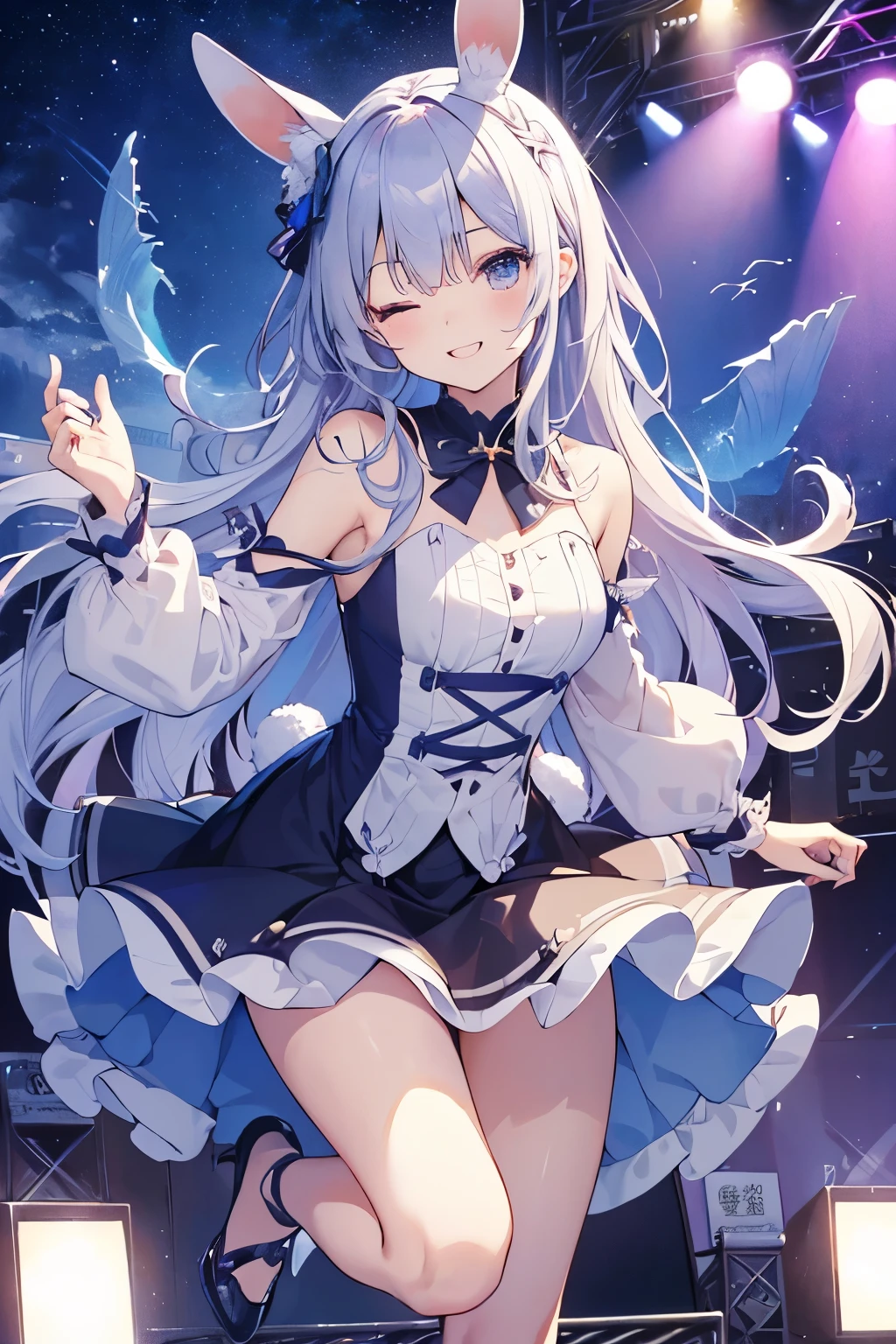 Illustration, cinematic light, high resolution, best quality, ultra detailed, detailed face, (detailed eyes), highest quality, super detailed, masterpiece, (detailed face), pretty face, best smile, sexy mature woman transparent (cute t-shirt) cloth, floating cloth, see-through, choker, , D cup, cleavage: 2, NSFW, high heels, blue eyes, neon small shiny hair edges, ruffled mini skirt, AI fantasy concert, glowing lighting with neon details, holding a microphone in left hand and singing: 15, black magic 💕, (live stage: 1.15) in the background audience, butt sticking out and singing, light reflection, heart-shaped iris, playful eyes, open shoulders, rain, (wet body), small glowing butterfly, hair jewelry, panties, (cute embroidered white string panties)