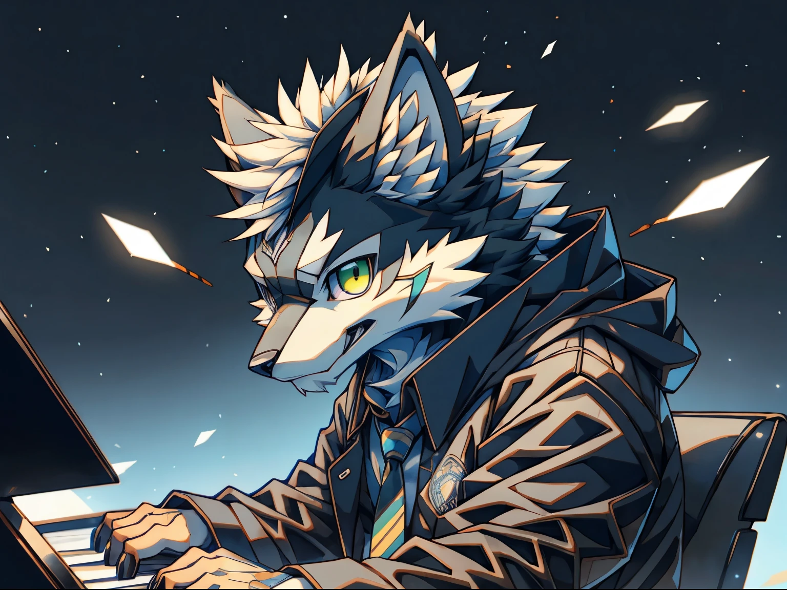 there is a drawing of a wolf playing a piano, keyboardist, koda kazuma, fursona art, pianist, asriel dreemurr, anthropomorphic wolf, fursona!!!!, furry artist, an anthro wolf, kazuma kaneko, weirdcore voidpunk fursona, anime character with a wolf's head and a tie and a suit, zeronis style, koda kazuma, sazed, ((zerator)), official art, zeronis,  profile picture 1024px, zerochan art, stylized anime, inspired by Ryūsei Kishida, inspired by Zhu Da, anime character of a wolf dressed in a black shirt and yellow tie, fursona wearing stylish clothes, furry character, furry fursona, professional furry drawing, fursona art, furry anime, furry art!!!, anthro art, very very beautiful furry art, green eyes