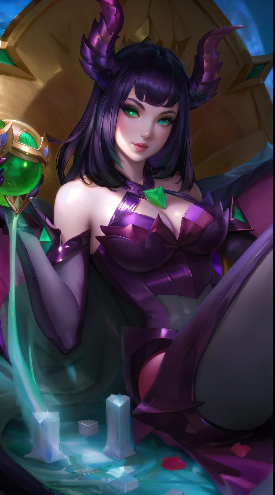 a close up of a woman in a purple dress holding a green drink, extremely detailed artgerm, artgerm lau, leblanc, style artgerm, artgerm detailed, morgana, irelia, ! dream artgerm, steven artgerm lau, morgana from league of legends, stanley artgerm lau