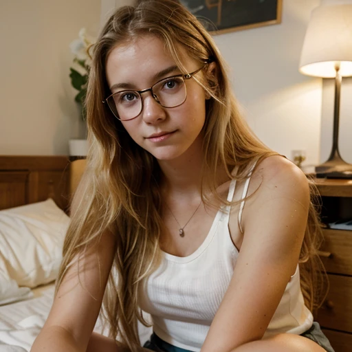 A beautiful dutch girl looking at the camera. She has long blonde hair. She wears glasses. She wears a top. Sitting on bed