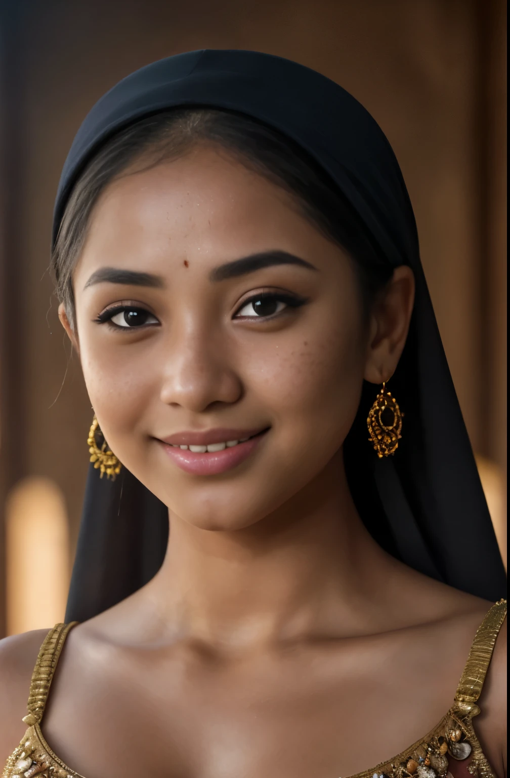 bellydancer, cleavage, beautiful young javanese girl with hijab and few soft freckles, mole below eyes, detail skin texture, smile, , dramatic light , Rembrandt lighting scheme, (hyperrealism:1.2), (8K UHD:1.2), (photorealistic:1.2), shot with Canon EOS 5D Mark IV, detailed face, detailed skin texture, 35mm, over-the-shoulder shot,cool-toned color grading, Deep Focus cinematography effect, Natural Lighting, high quality, ultra detail, 8k resolution,
