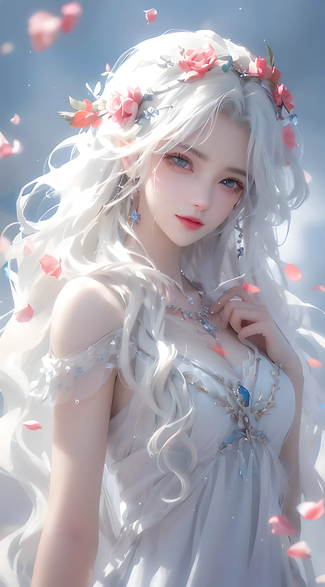 Fairy portrait rendered in oil painting and cg, Blue Themes, a woman with long White hair wearing sleeveless shirt with a crown in falling rose petals, jewely, pearls_(precious stones), ear nipple ring, bangle, eBlue eyes, eyeslashes, Sakura NS, White hair, Redlip, shut up, awas, Detailed anime soft face, Fair skin, beads of Eau, shoulder, Upper part of the body, Eau, Nipple chains, natural, Raise Hand, ventania, Big background.a detailed painting, author:Mickey, pixiv, super high detail picture, Icy cold, young goddess, Detailed faces