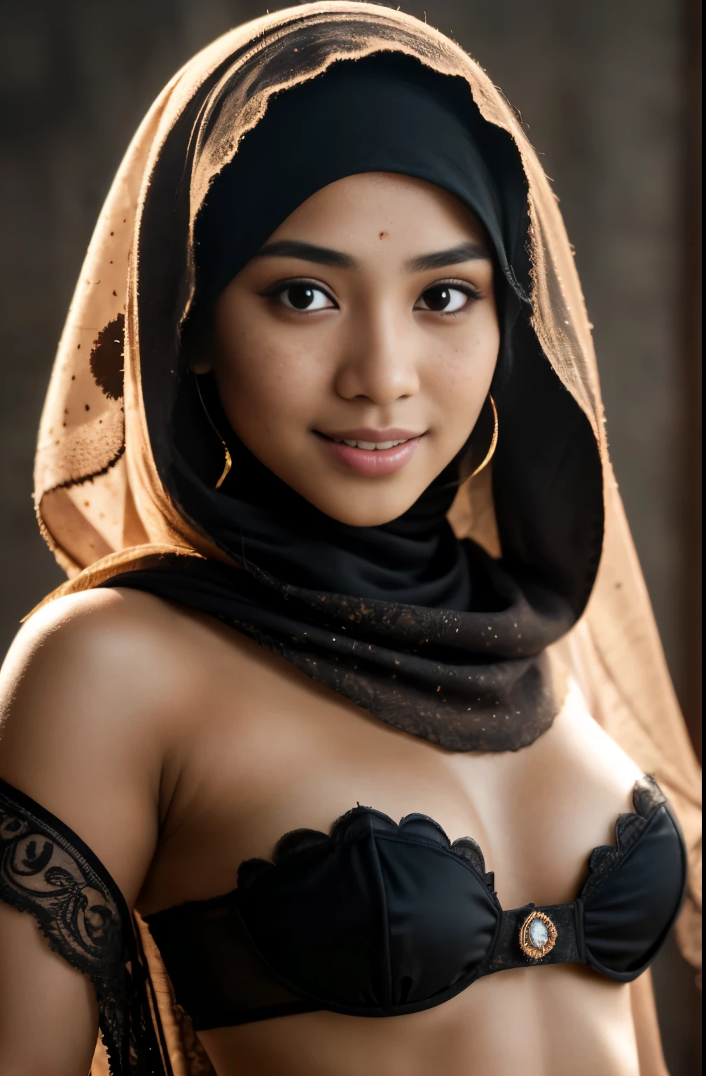 bellydancer, cleavage,  beautiful young javanese girl with hijab and few soft freckles, mole below eyes, detail skin texture, smile, , dramatic light , Rembrandt lighting scheme, (hyperrealism:1.2), (8K UHD:1.2), (photorealistic:1.2), shot with Canon EOS 5D Mark IV, detailed face, detailed skin texture, 35mm, over-the-shoulder shot,cool-toned color grading, Deep Focus cinematography effect, Natural Lighting, high quality, ultra detail, 8k resolution,