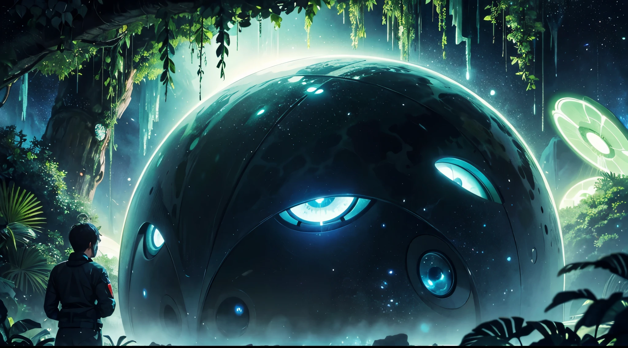 A spaceman in a futuristic suit, venturing into a mesmerizing alien rainforest. Towering, bioluminescent plants and alien creatures surround them, as they navigate through the lush foliage. The scene is a captivating blend of extraterrestrial beauty and the unknown wonders of space. Best quality, intricate details, clean lines, eye-catching composition, soft tones, anime realism, perfect illustration