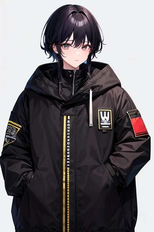 hightquality、Best Quality、male people、frontage、Standing、Illustration style、Slimed、短い黒髪のmale people、parka、20yr old、1人、piercings、manicure