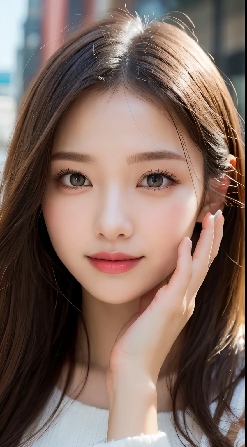 masutepiece, Best Quality, Illustration, Ultra-detailed, finely detail, hight resolution, 8K Wallpaper, Perfect dynamic composition, Beautiful detailed eyes, Winter dress,Medium Hair, Small breasts, Natural Color Lip, Random and sexy poses,Smile,Big city、20 years girl、Midnight、beautifull detailed face、Perfect and beautiful face,Big eyes、Raw photo、Express your best mood using your whole body