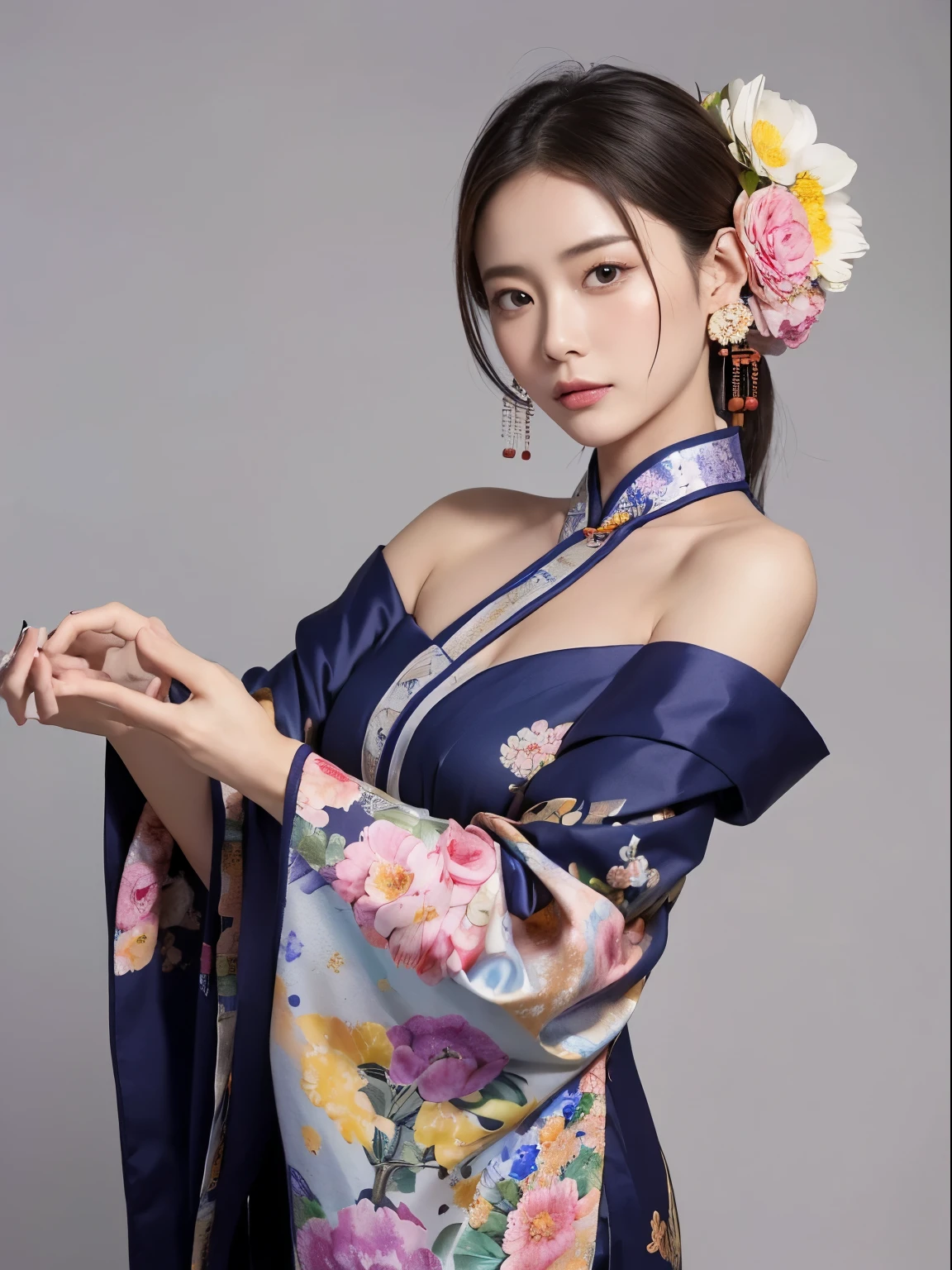 (masutepiece, of the highest quality, Best Quality, Official art, Beautiful and aesthetic:1.2), (1girl in:1.3), flat chest, Extremely detailed,(Fractal Art:1.1),(Colorful:1.1)(Flowers:1.3),highest details,(Dynamic Pose), (greybackground:1.3), (Chinese Traditional Cloth:1.2), (Shiny skin), (Many colors:1.4), ,(earrings:1.1),