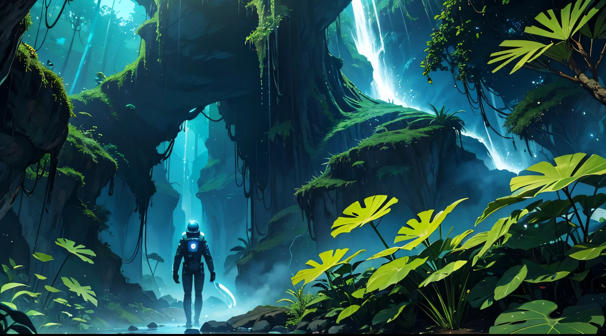 A spaceman in a futuristic suit, venturing into a mesmerizing alien rainforest. Towering, bioluminescent plants and alien creatures surround them, as they navigate through the lush foliage. The scene is a captivating blend of extraterrestrial beauty and the unknown wonders of space. Best quality, intricate details, clean lines, eye-catching composition, soft tones, anime realism, perfect illustration