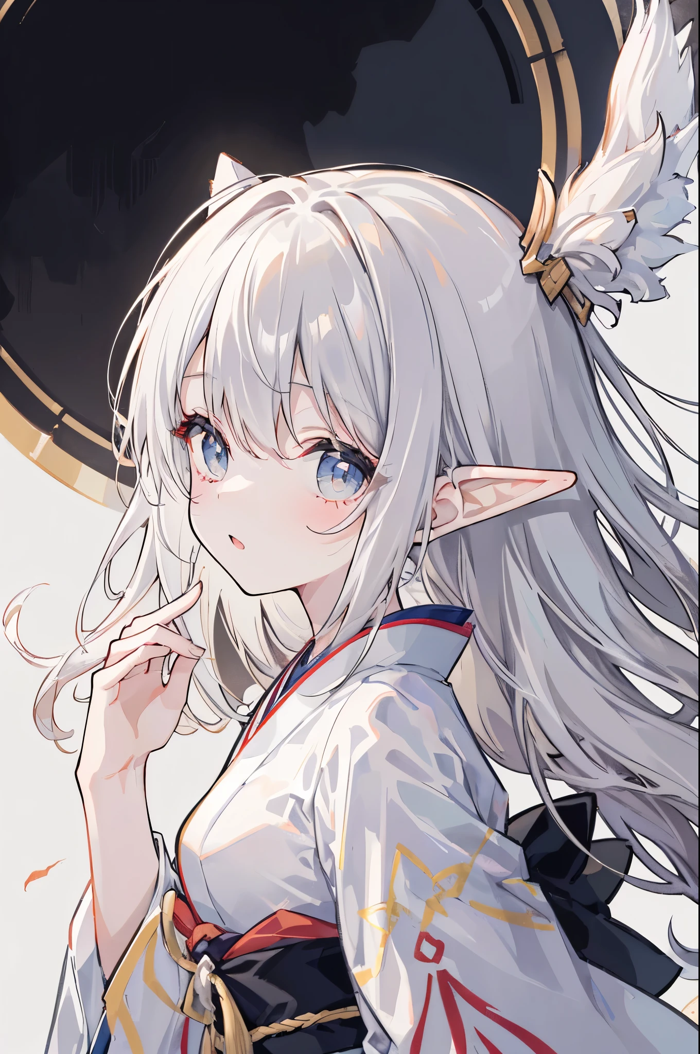 (the Extremely Detailed CG Unity 8K Wallpapers, masutepiece, Best Quality, Ultra-detailed), (Best Illumination, Best Shadow, extremely delicate and beautiful), Sunlight shines in, Warm and cozy atmosphere Natural volume lighting and best shadows, depth of fields, a portrait of a beautiful girl, Delicate Beautiful Attractive Face, Sleepy eyes, Small breasts, messy white hair, Long hair style, (of the highest quality, Amazing detail: 1.4), masutepiece, artbook, Vivid Color, {{Full body, White background}} {{{, From Side, look up sky}}}, Contrast Light, {Raised hands, {White kimono, Kimono Japanese pattern elf ears}