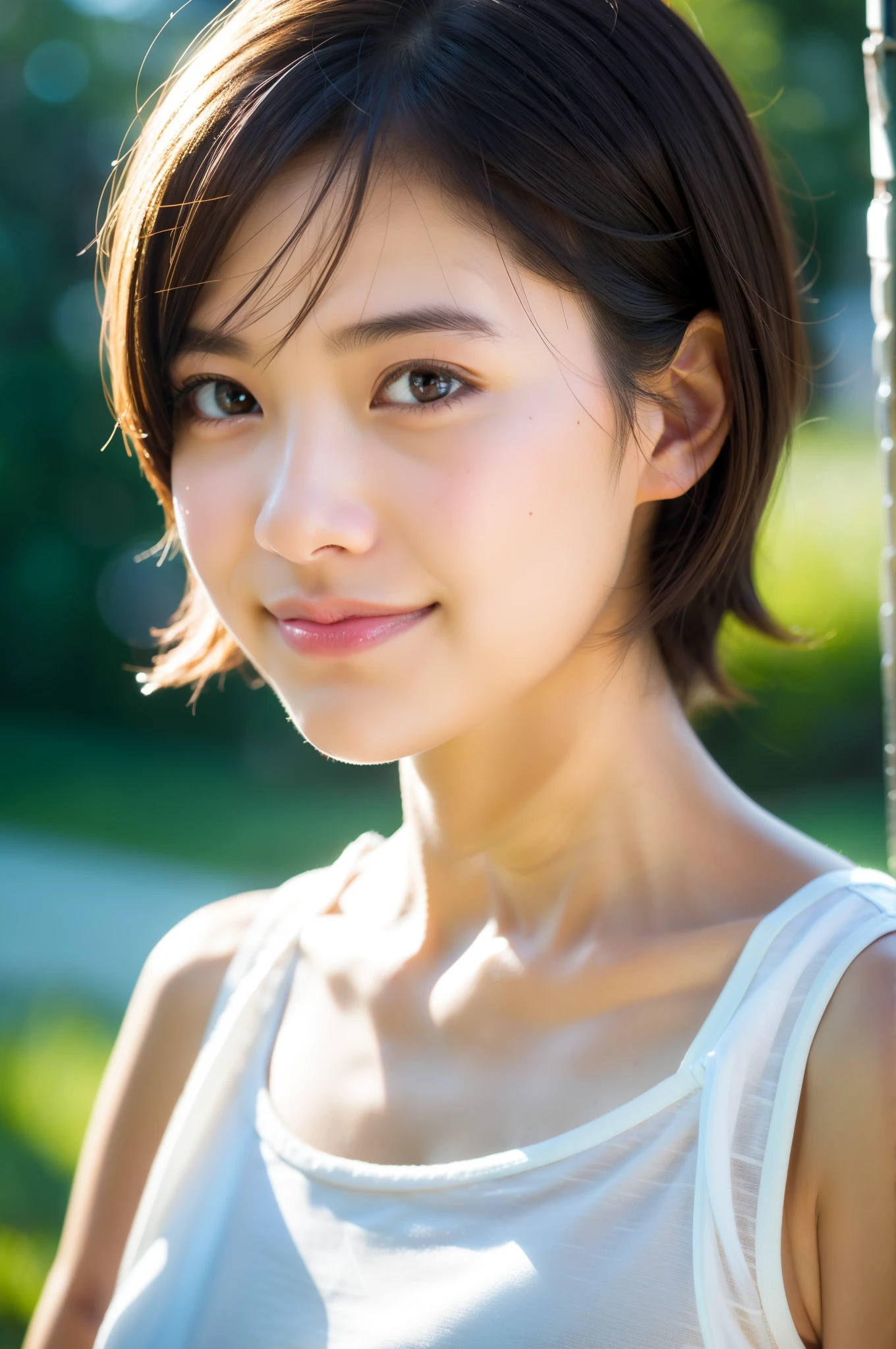 masutepiece, Best Quality, 8K, 1girl in, Good Hand, 14 yo, close up of face, Lively, Active, Life Force, Luminescent, Looking away, Raw photo, F/1.8, 135 mm, NIKON, Anatomically correct, Bokeh,Textured skin, Professional Photography, Portrait, Soft light, Professional Lighting, Solo, (Smile), Cute, Girly, boobs film grain, (Eyes and faces with detailed:1.0), Brown hair, Short hair swaying in the wind, Bangs