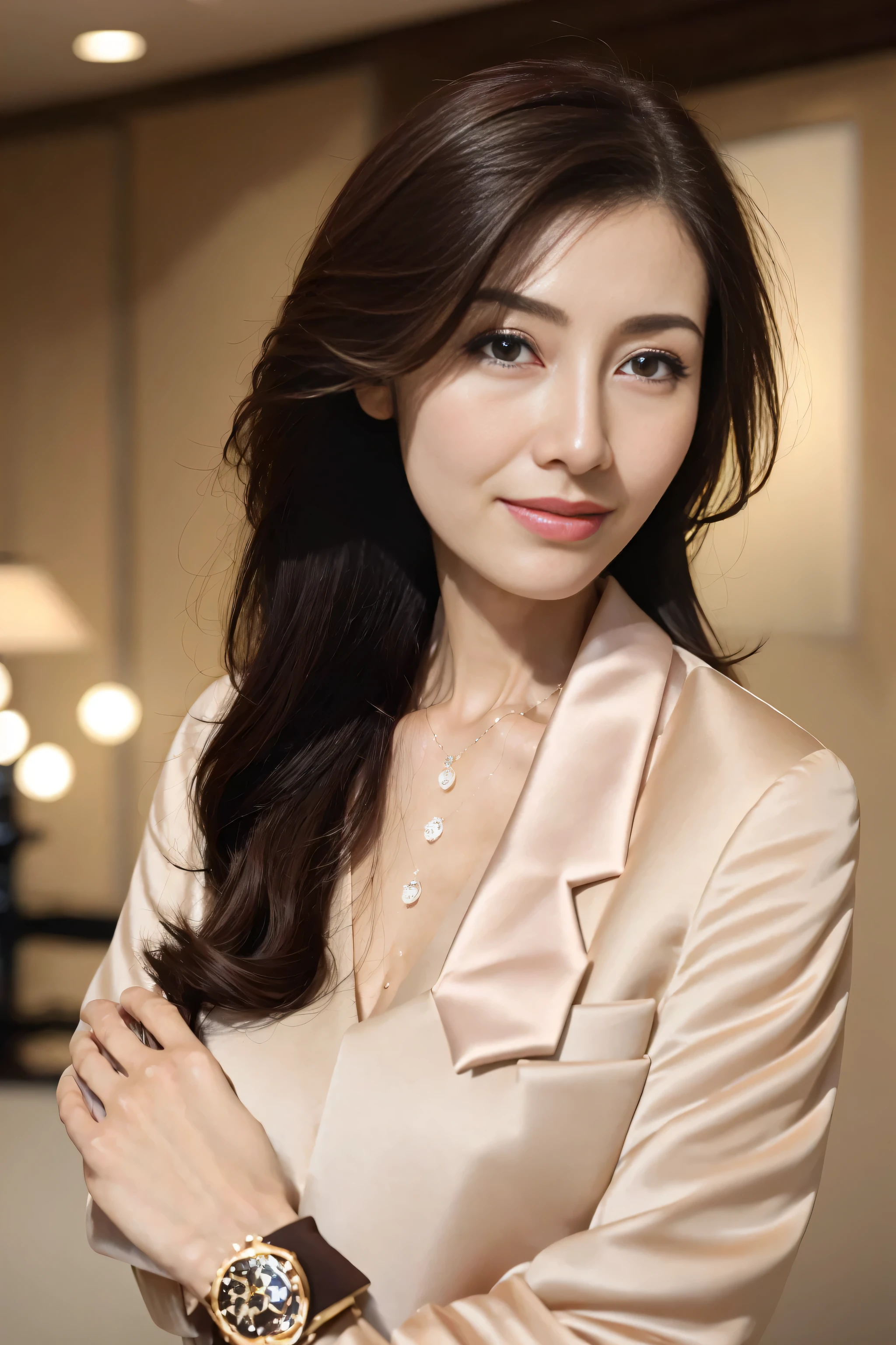 Best quality, realistically, ultra - detailed, detailed, A high resolution, 8k wallpaper, 1 Beautiful woman,, light brown messy hair, dressed in a suit, lock focus, Perfect dynamic composition, beautidful eyes, Delicate hair, 细致realistically的皮肤纹理, Smiling, closeup portrait, Model body type